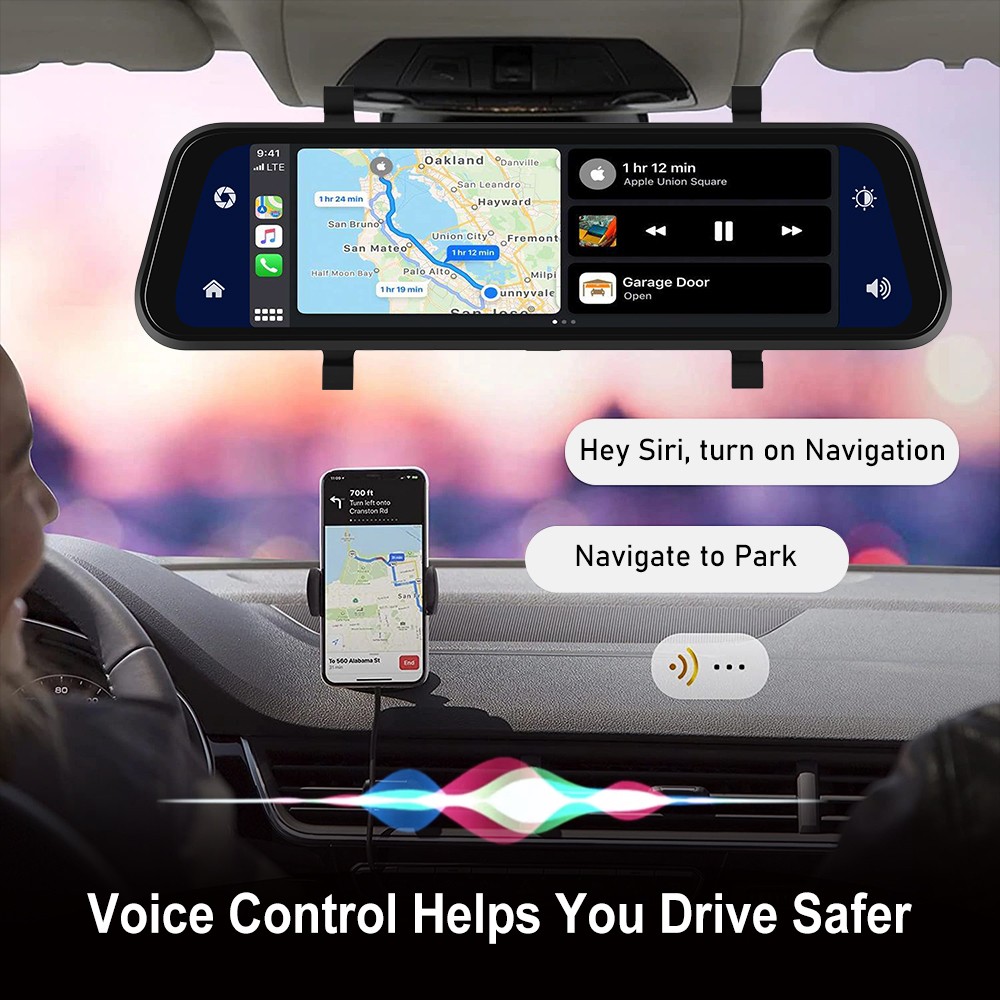 Front Rear View Mirror Dash Cam 9.66 Inch IPS Touch Screen Carplay 64GB Car DVR