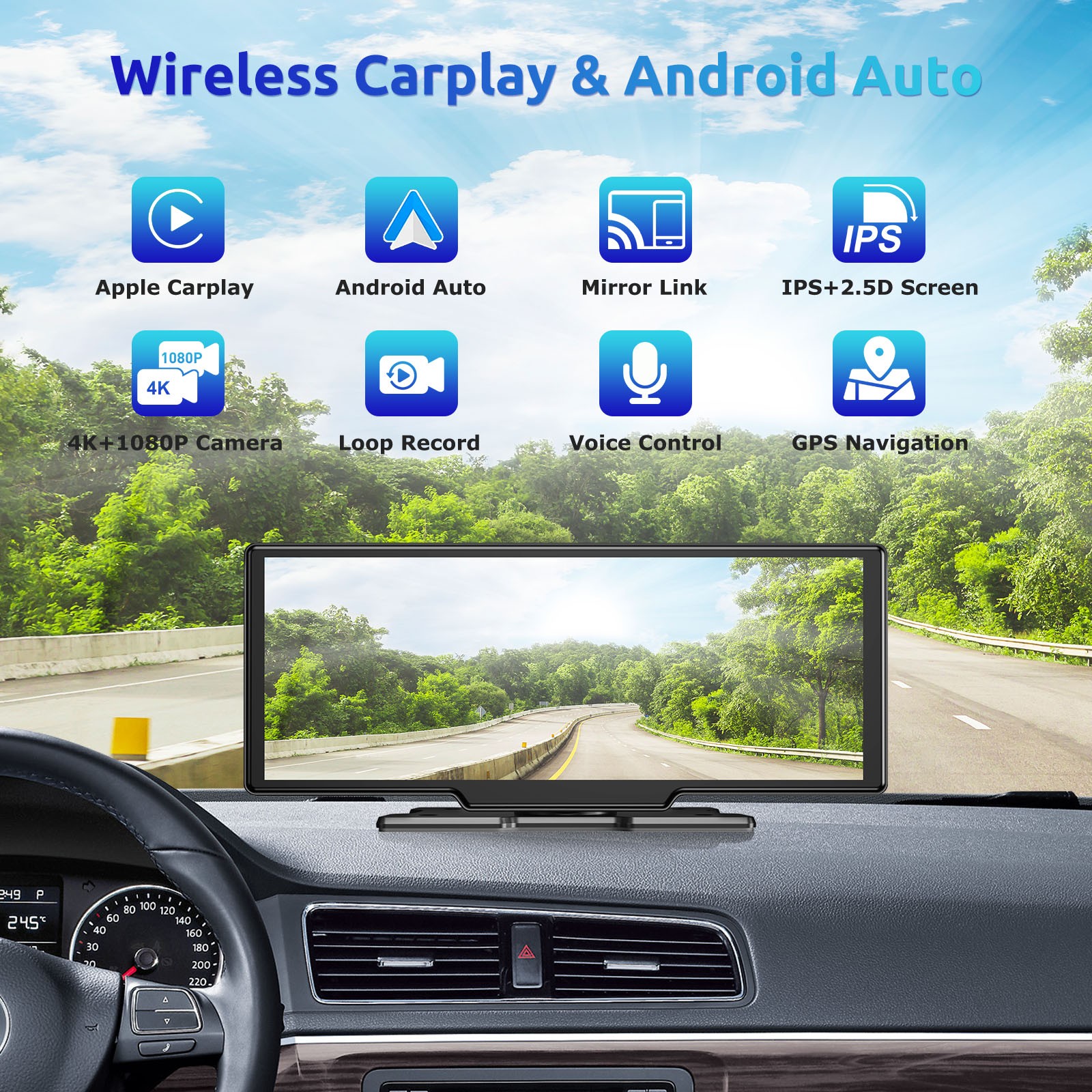 Portable 10.26″ Touch Screen Wireless Apple Carplay Android Auto Car Stereo Dash