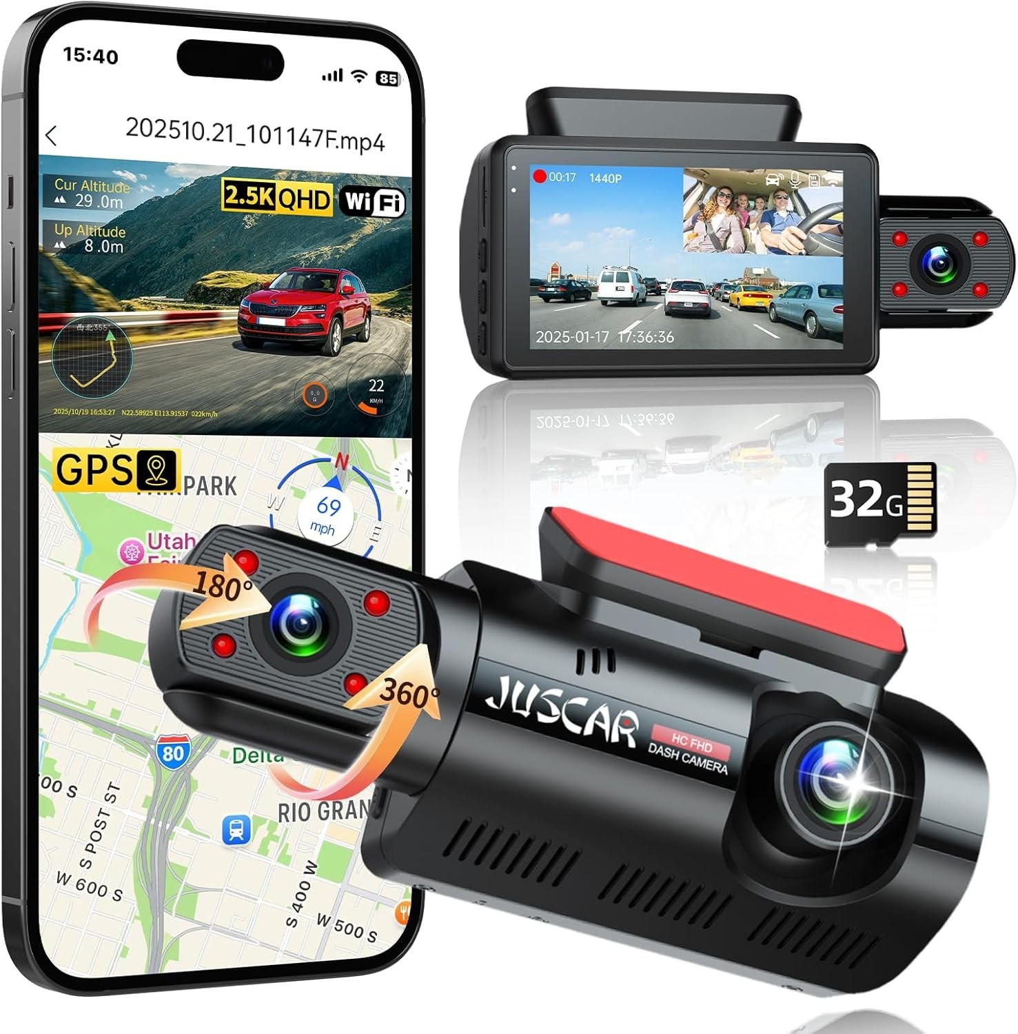170° Wide Angle Dash Cam with Super Night Vision & App Control – 256GB Max