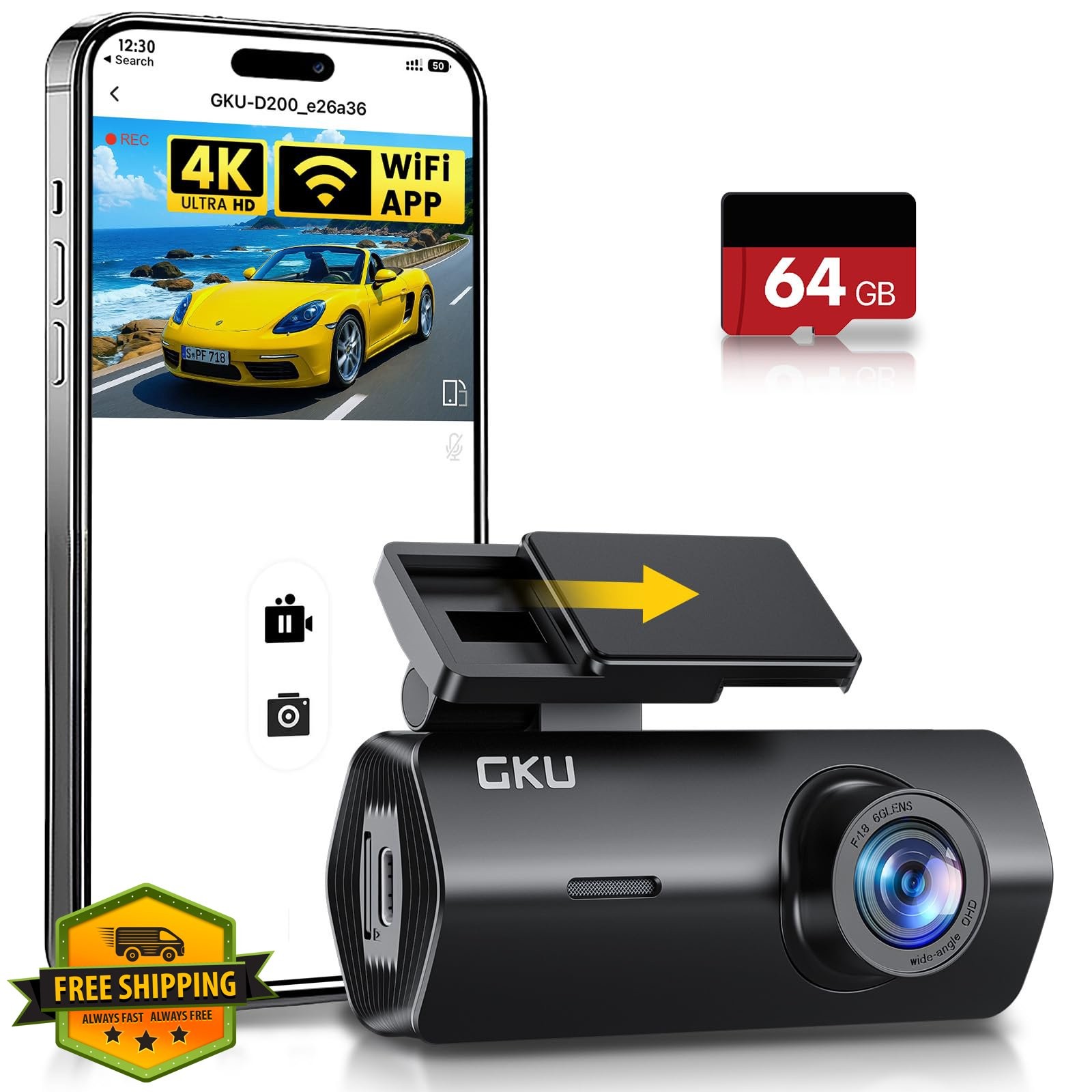 GKU 4K Dash Cam Front Mini 64GB Card WiFi Parking Monitor Night Vision