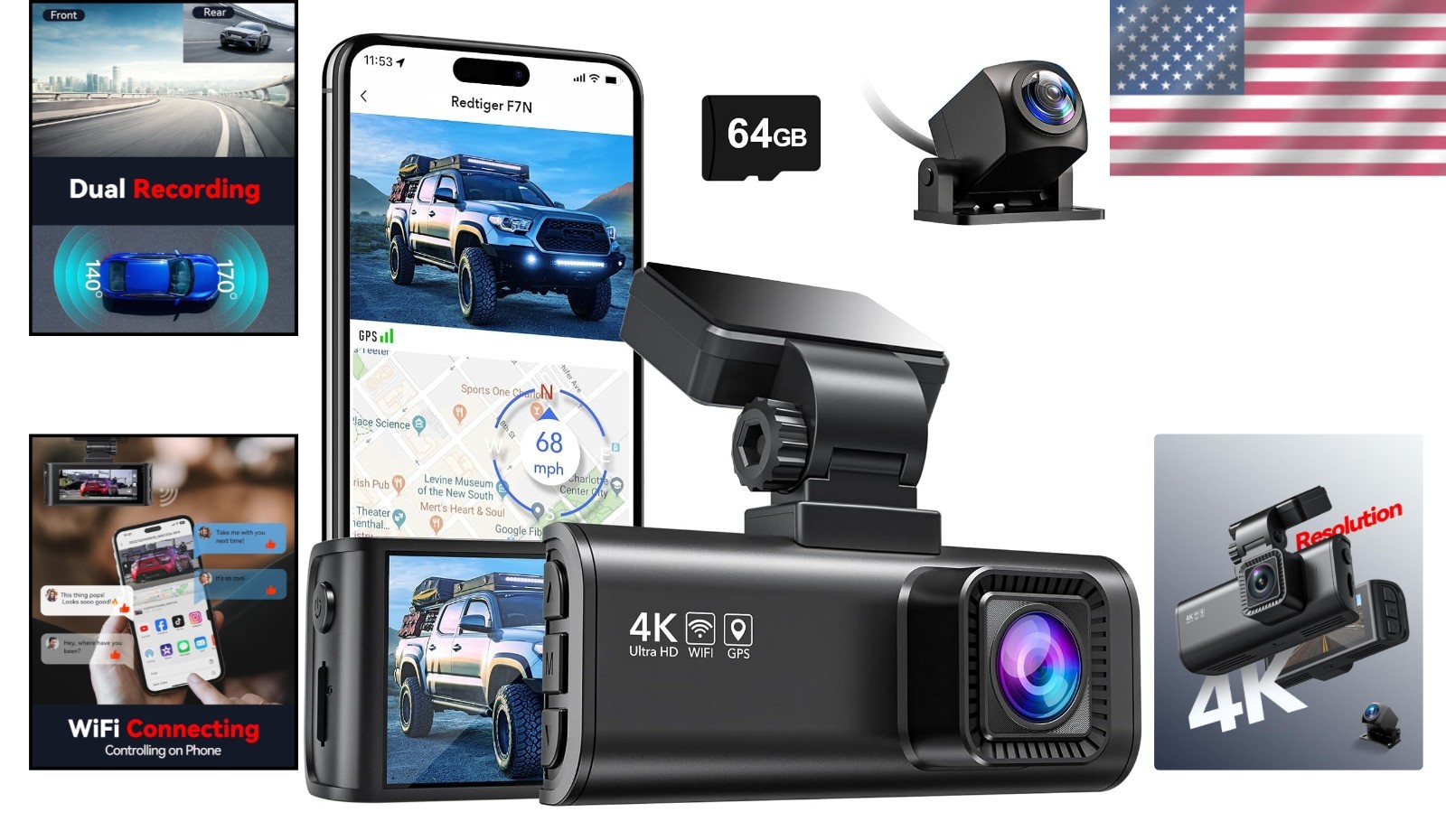 F7N 4K Ultra HD Dual Dash Cam with Rear Camera, WiFi & GPS for Ultimate Safety