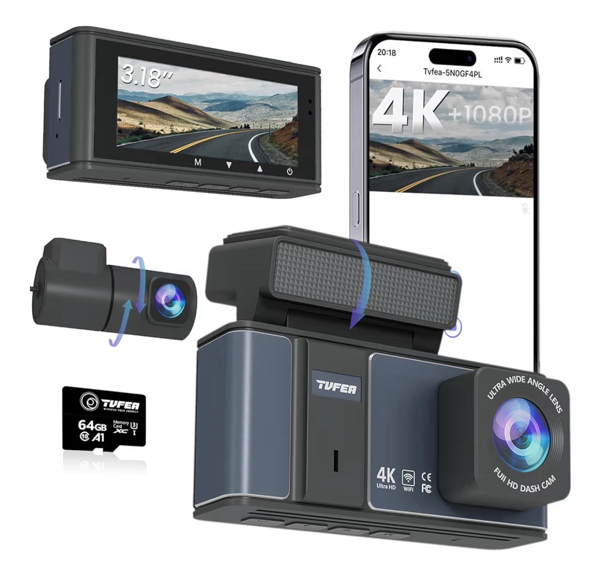 TVFEA 4K Front and Rear Dash Cam, Dual 4K+1080P, Wi-Fi, Night Vision, 64GB