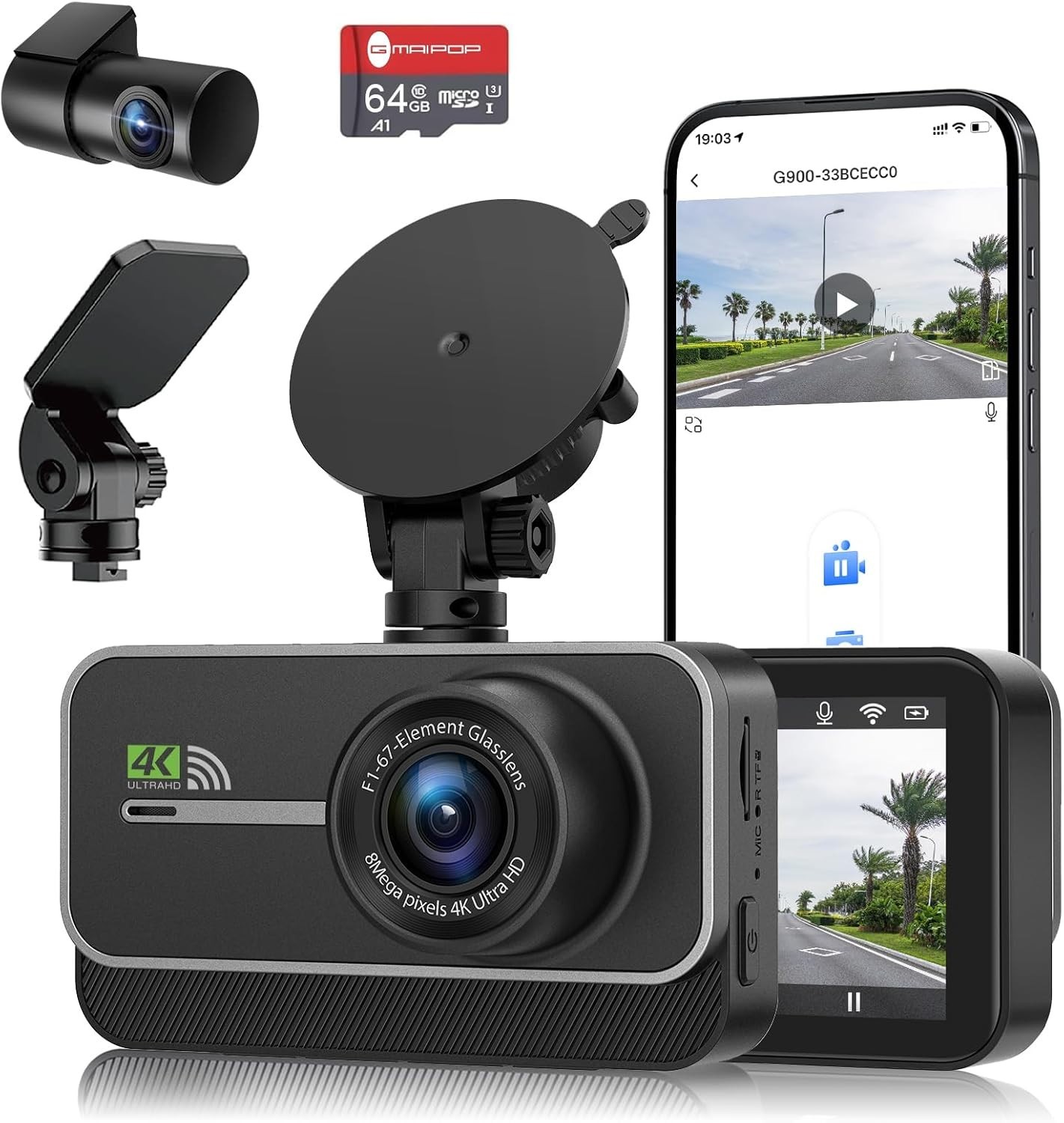 Real 4K & 1080P Dash Cam with Loop Recording & Free 64GB SD Card Included