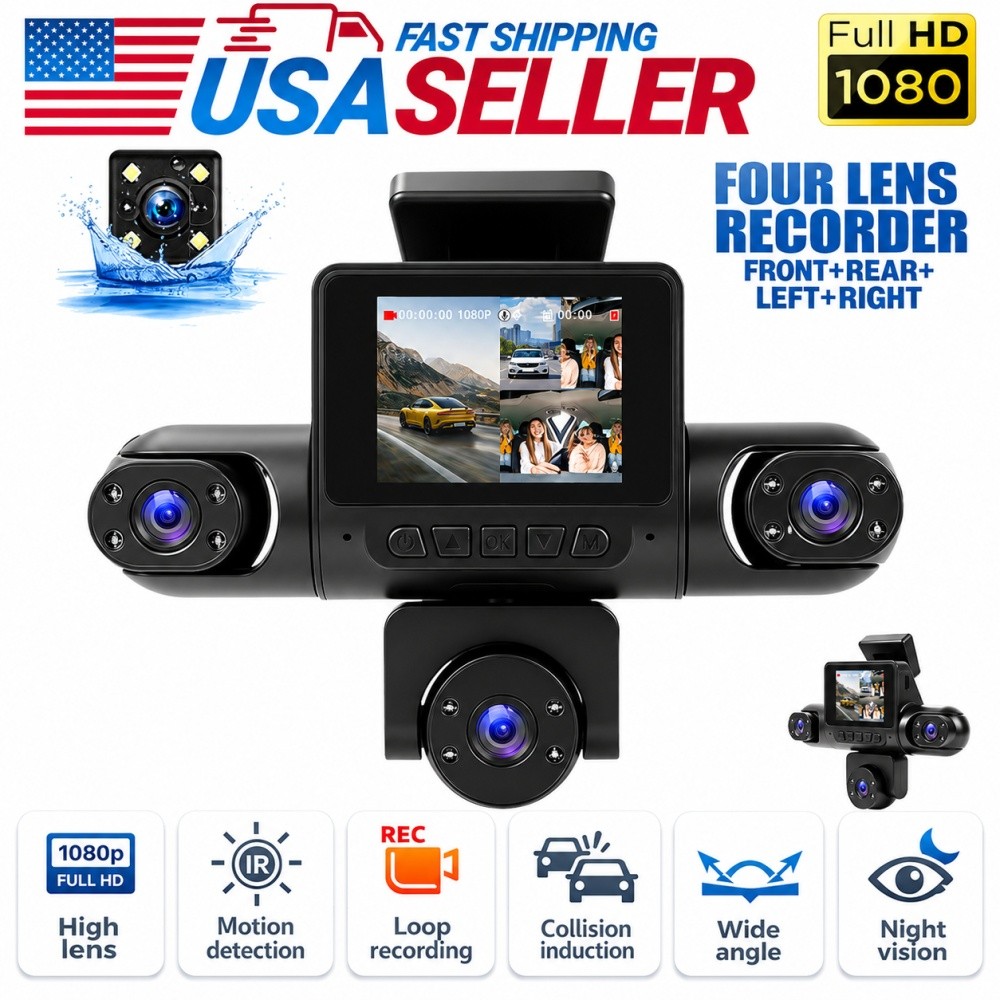 4-Channel 360° Dashcam Car Dash Camera Front Rear Inside Left Right 1080P HD US