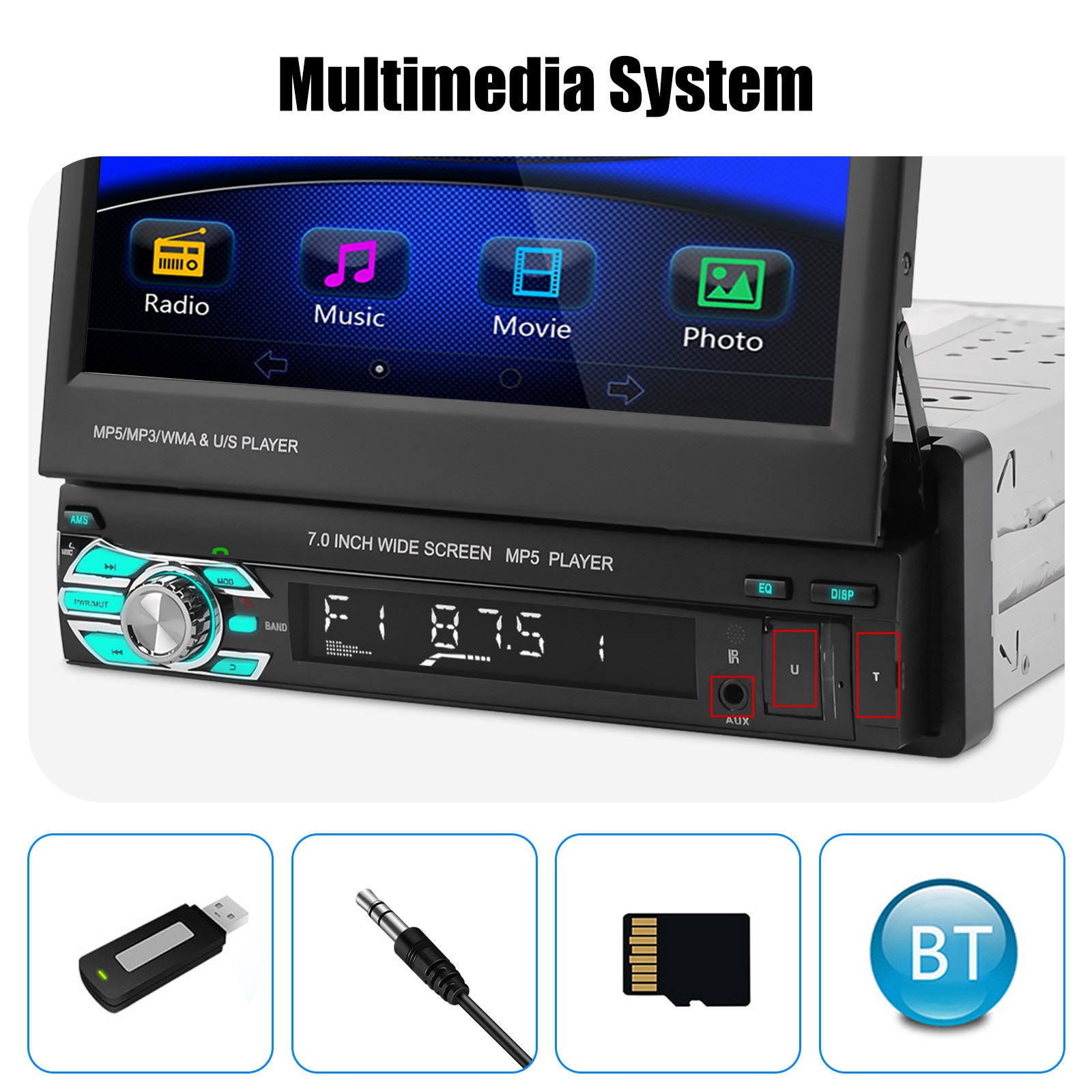 Car Radio Bluetooth Stereo Player 2USB/TF/FM/AUX Head Unit CD Single 1 DIN MP3
