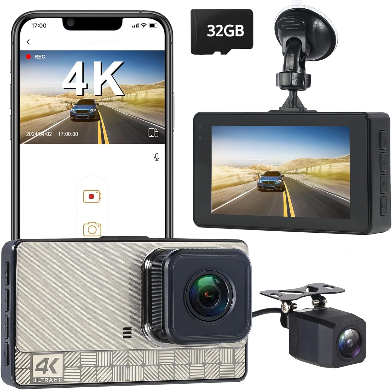 4K Front Dash Cam & 2K Rear Full HD Dash Camera for Cars, Included 32GB Card, 17