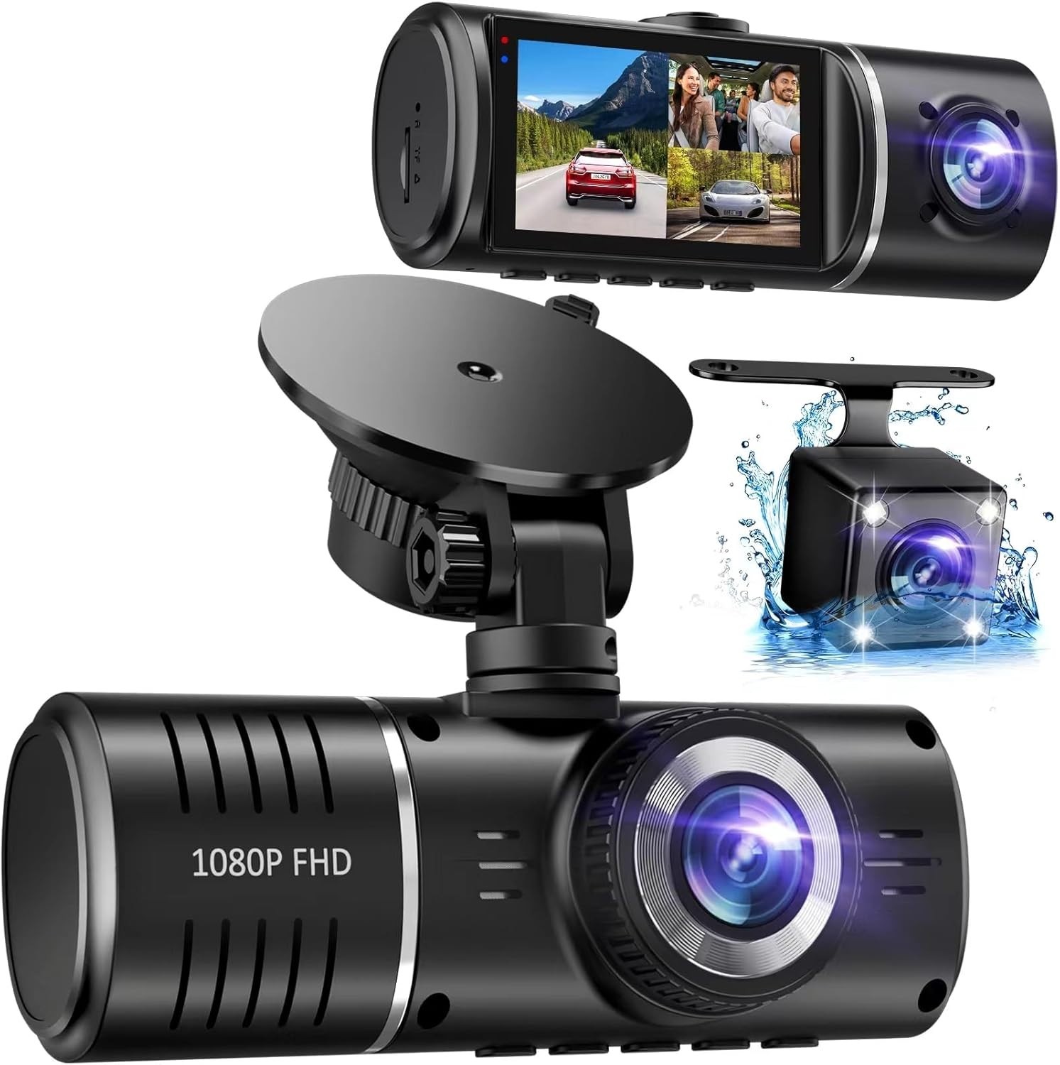 Triple Dash Camera, 170° Wide-Angle, Night Vision, 32GB