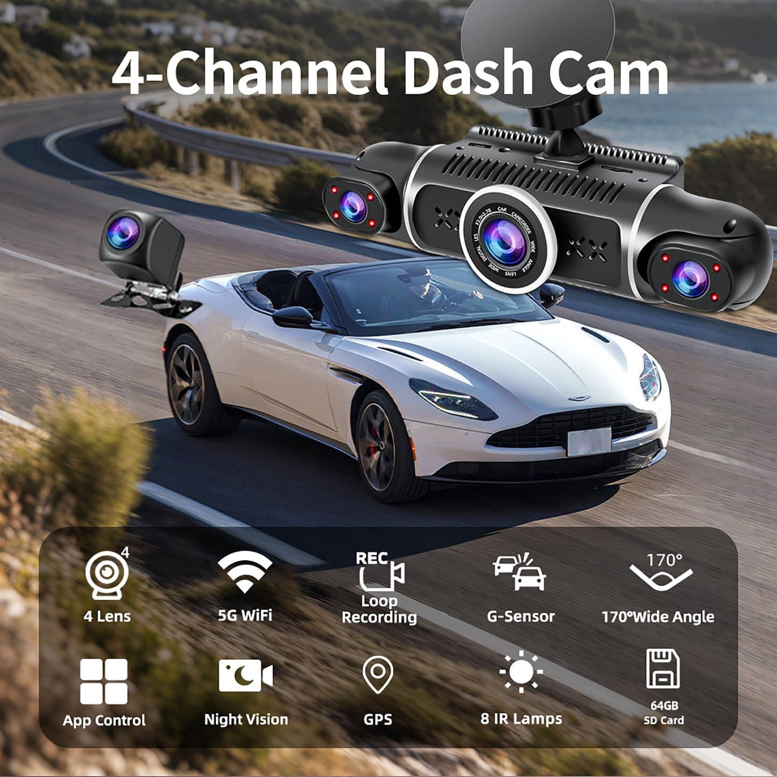 360° Dash Cam Front and Rear View 4 Channel Dash Camera FHD 2K+1080Px3 for Car