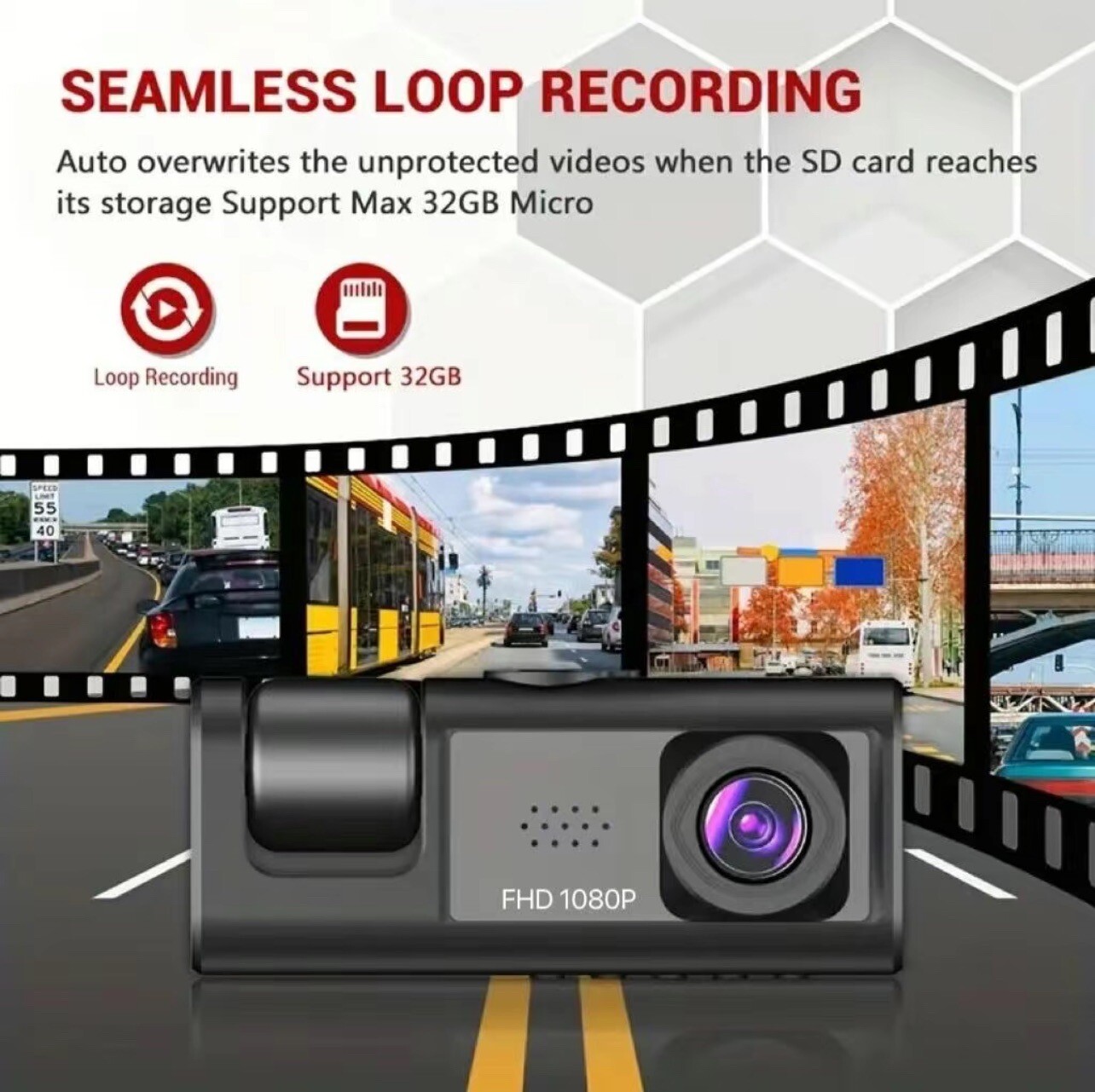 Dual dash camera front and rear, 3 Camera Loop Recording Available!