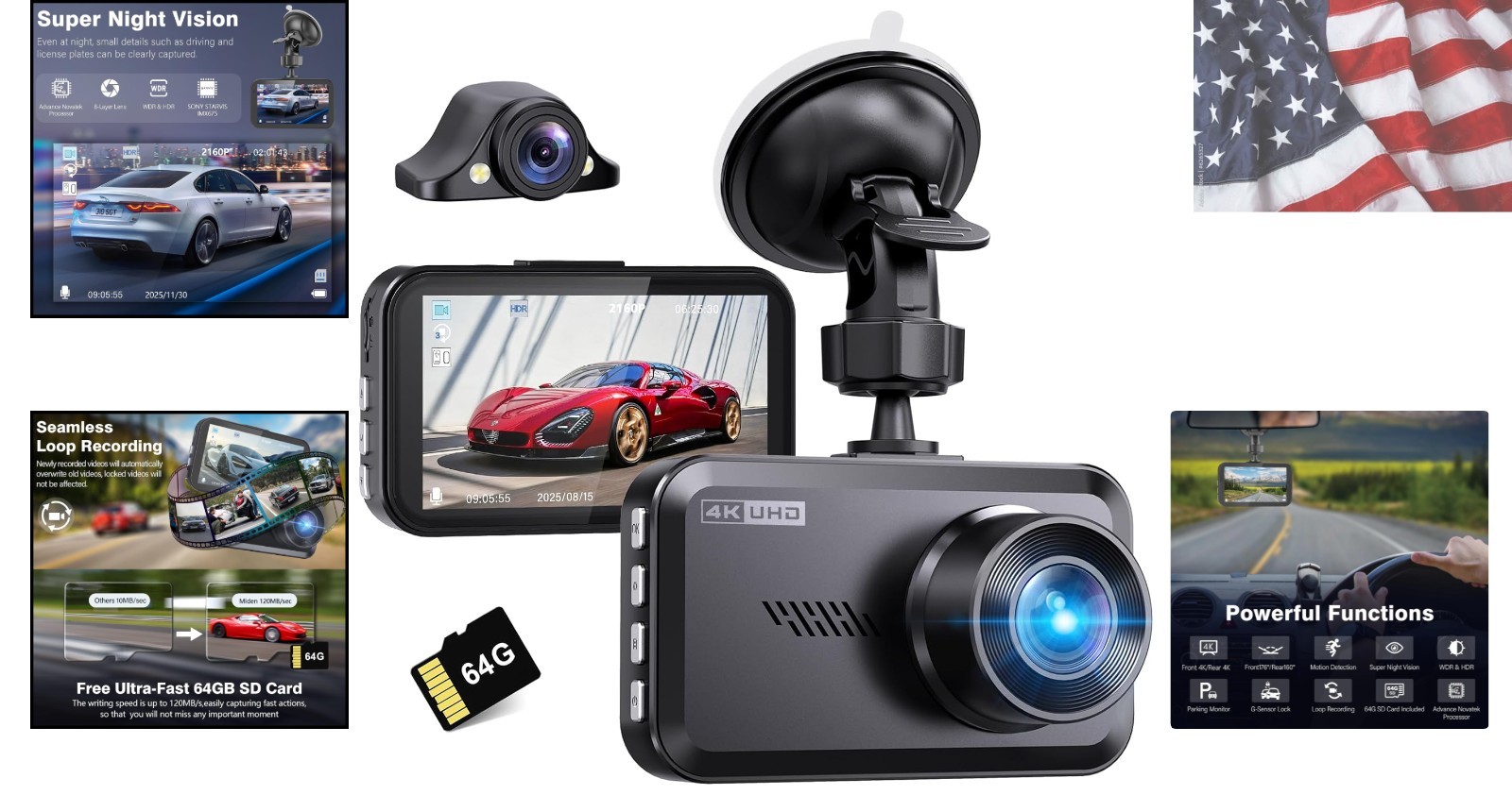 4K+2.5K Dash Cam Front and Rear,Free 64G SD Card,2160P+1600P UHD Dual Dash Ca…