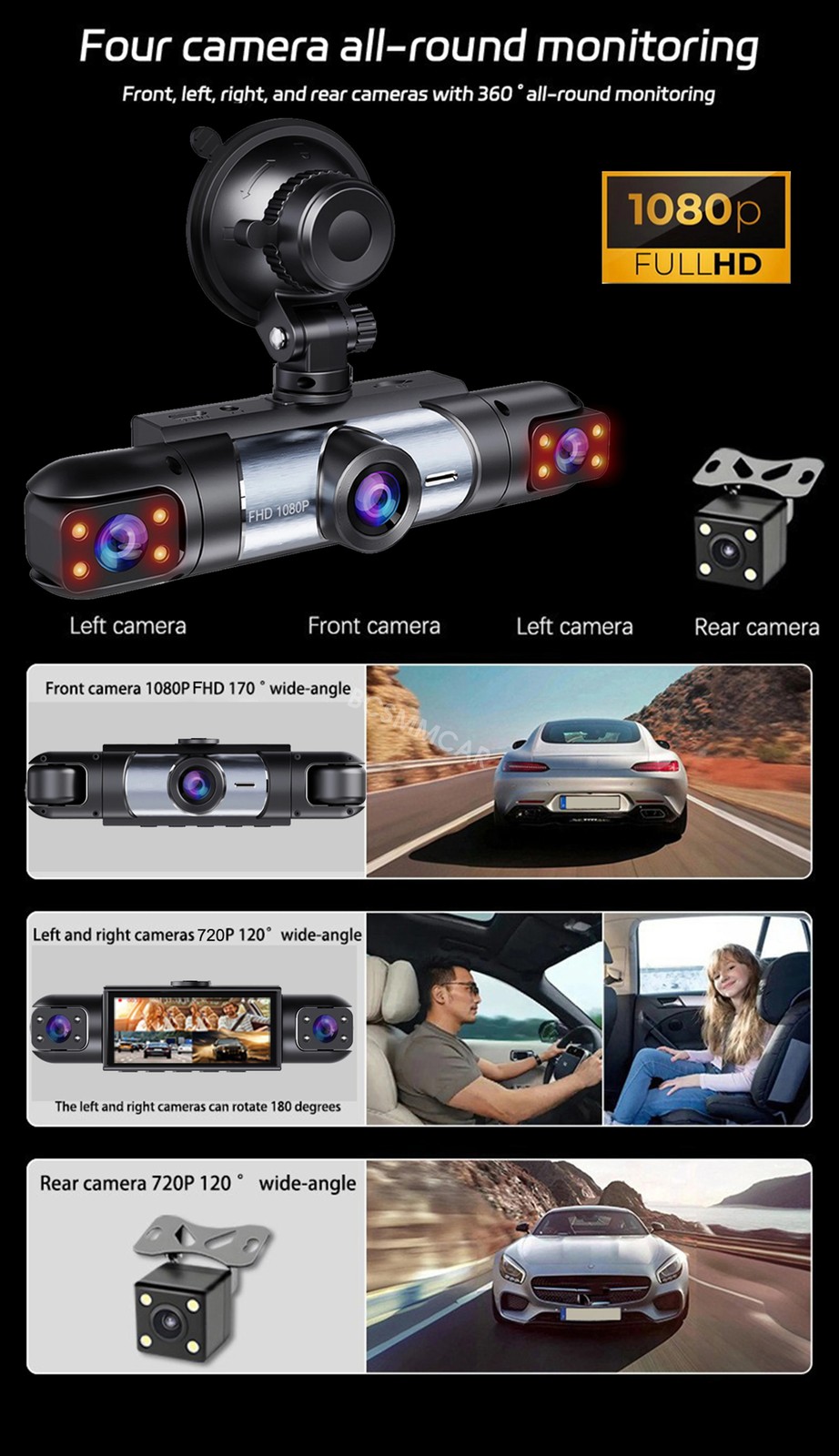 1080P FHD DVR Driving Recorder Front/Rear/Left/Right 4 Lens Dash Cam W/32G Card