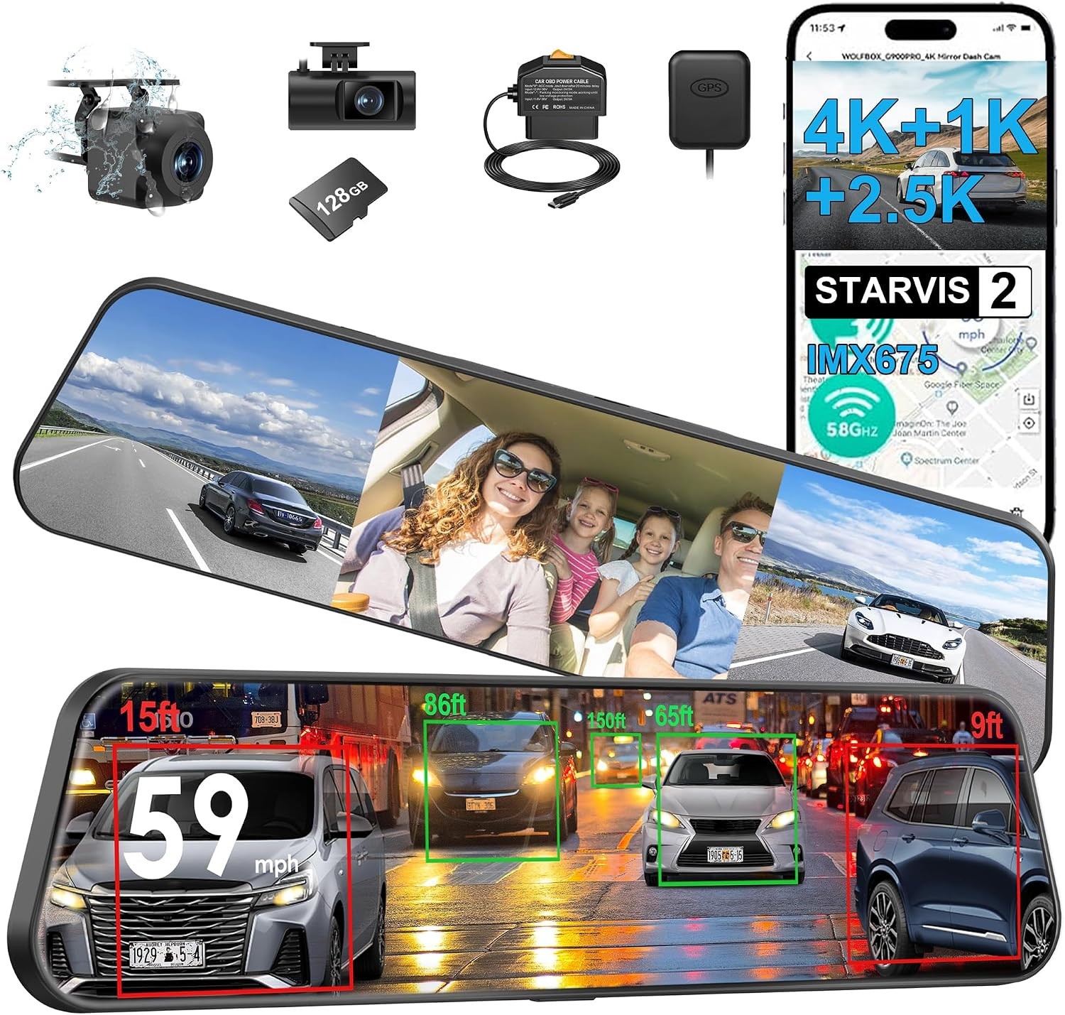 12” 3 Channel 4K Mirror Dash Cam Front Rear Inside, Sony STARVIS 2 IMX675