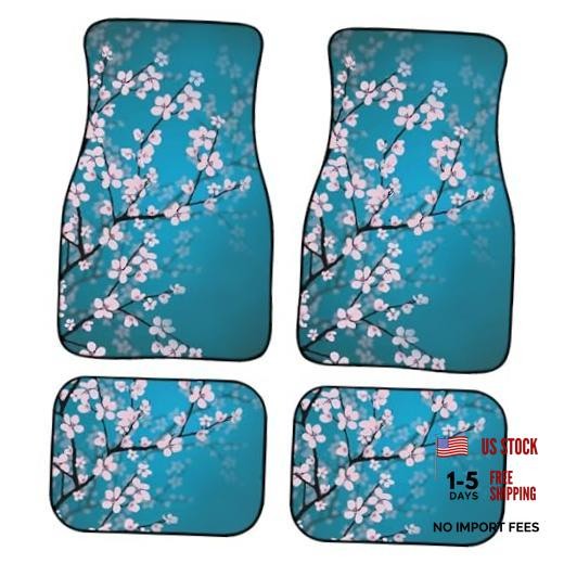 Pink Cherry Blossom Car Floor Mats Carpet Set of 4 Japanese Flower Pink Blue