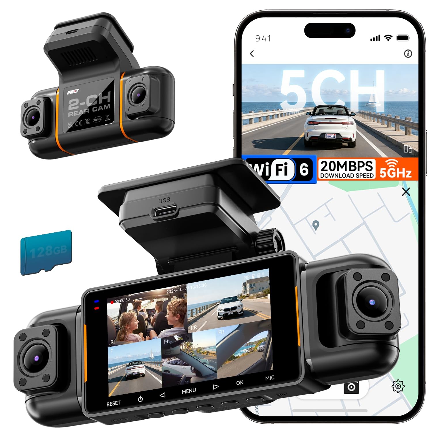 IIWEY N9 5 Channel Dash Cam 360° View, 5.8G WiFi-6 with App, Free 128GB Card,…