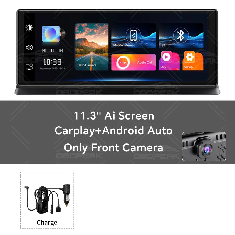OBDPEAK K2 Pro 11.3″ Dash Cam 4K Wireless Carplay Android Auto Dual Lens GPS