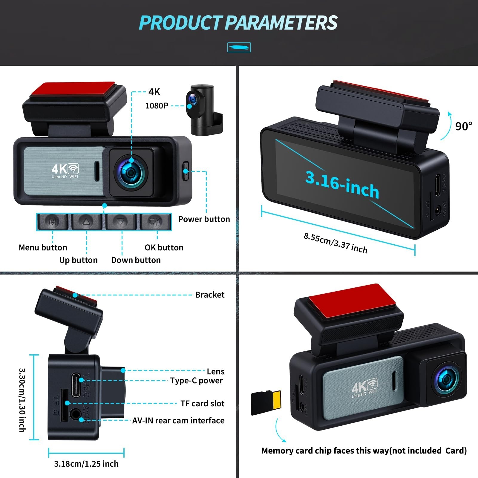 4K Dual Dash Cam Front & Rear, WiFi GPS, Night Vision, 170° Wide Angle, G-Sensor