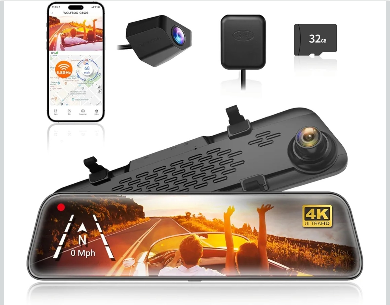 WOLFBOX G840S 12“ Rear View Mirror 4k Dash Cam Backup Camera/GPS/Night Vision **