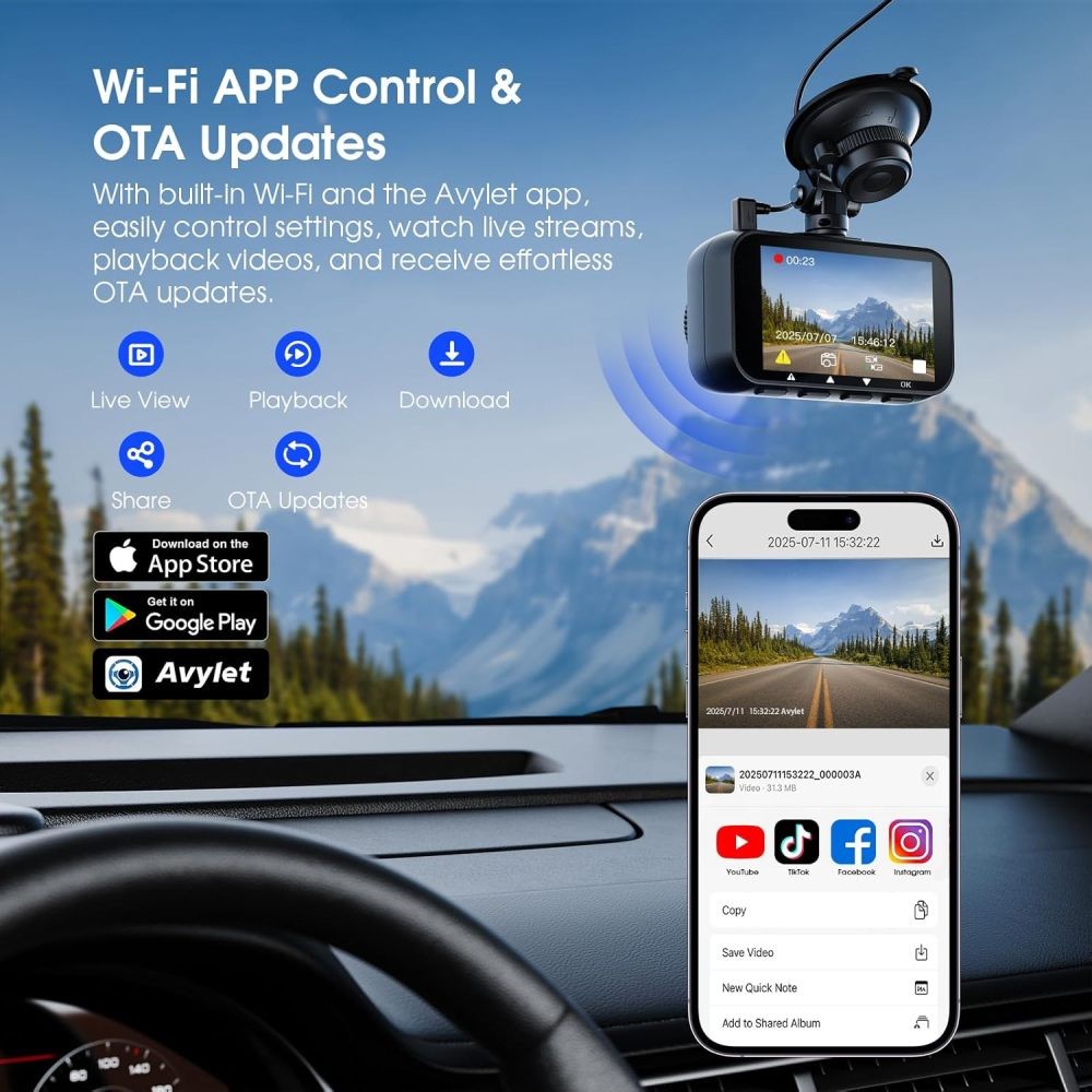 Avylet Front and Rear Dash Cam 4K/2.5K+1080P 5G WiFi APP Control 2.7″ IPS Screen