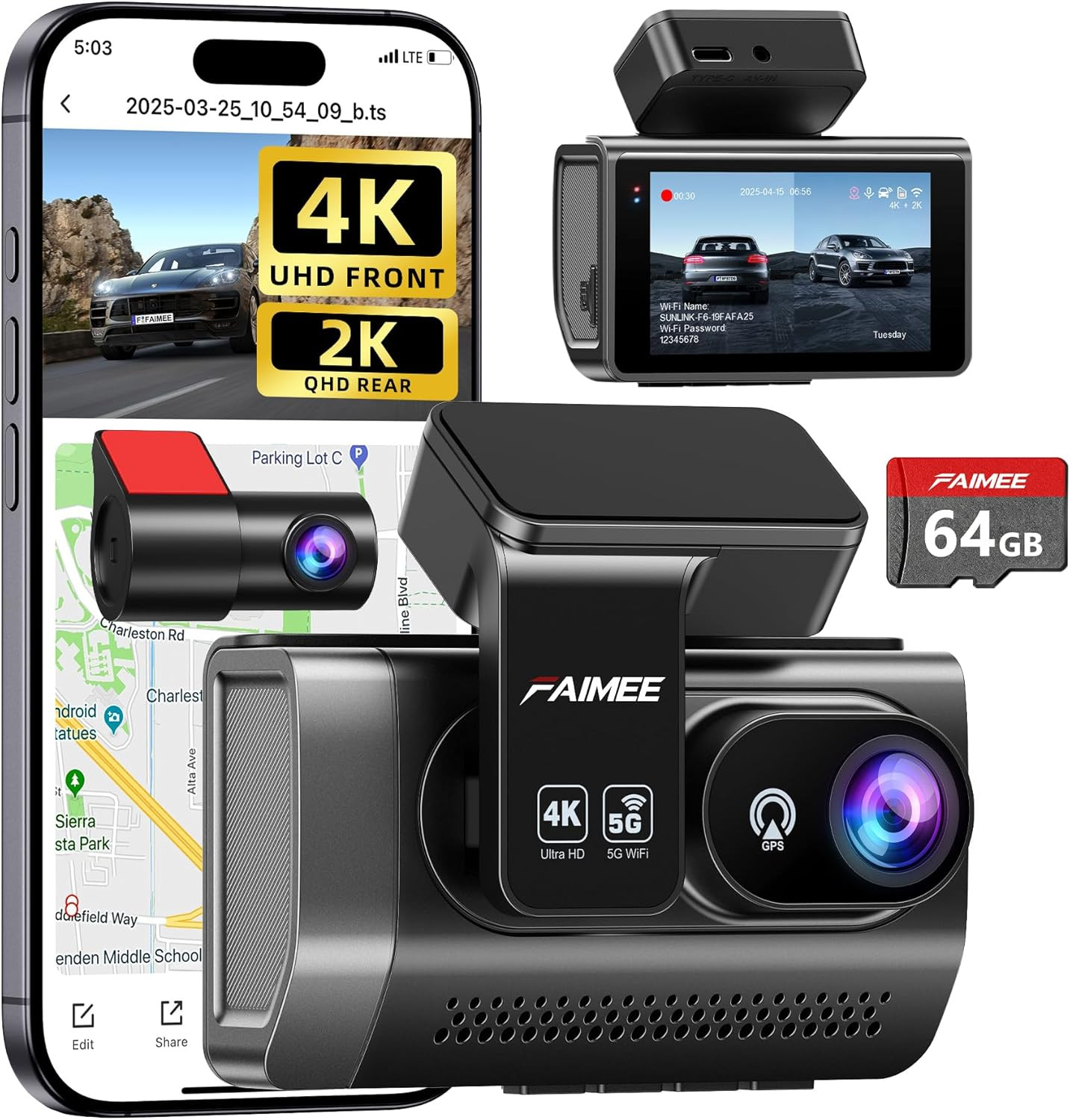 4K Dash Cam Front and Rear, Night Vision, WDR, Free Card Included | 2K Rear Dash
