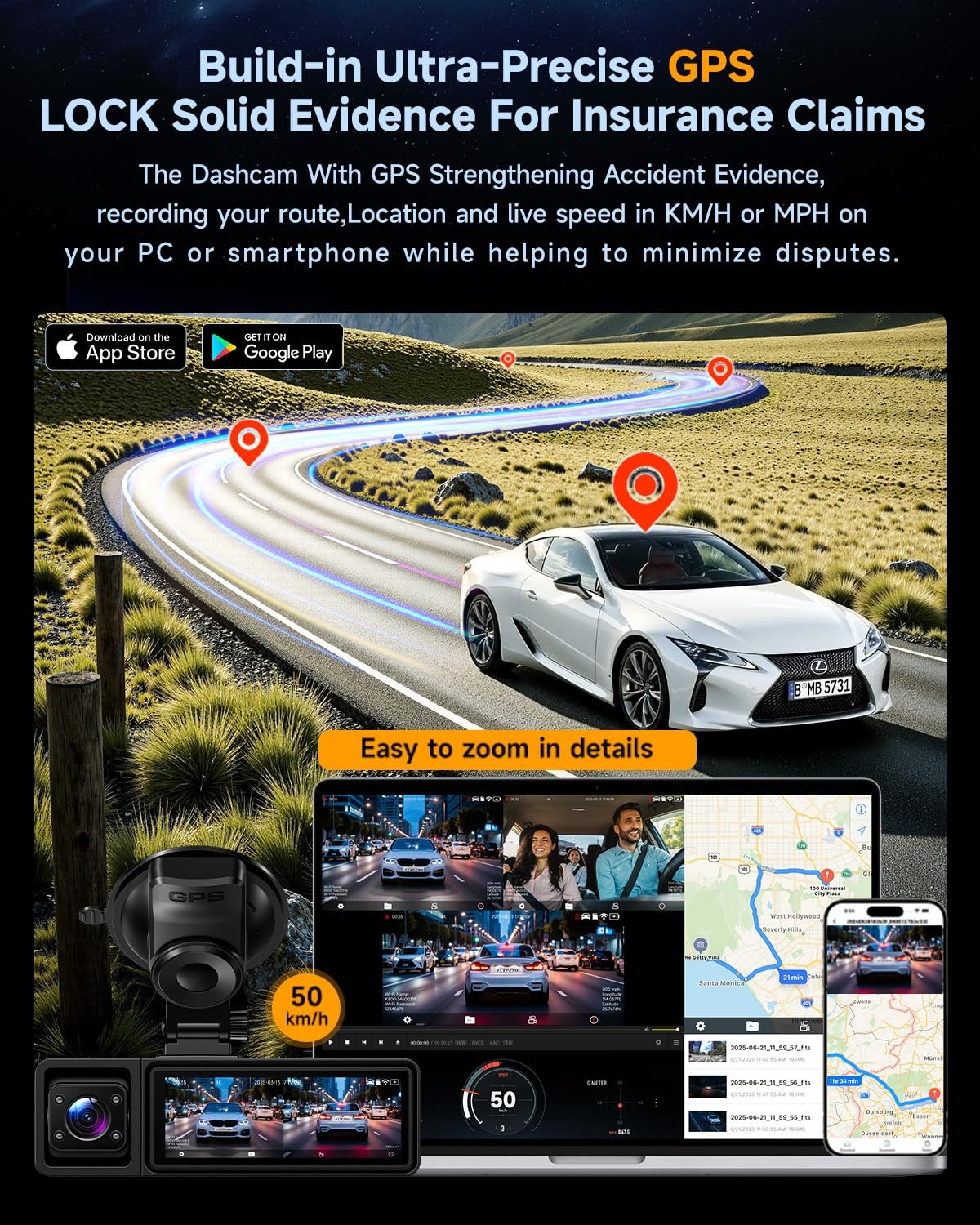 3 Channel Dash Cam, Dash Cam Front and Rear Inside, 5.8GHz WiFi Built-in GPS,…