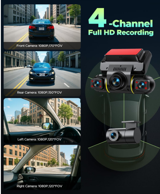 Cámara Dash Cam 4 Canales 360°, WiFi 5G, Visión Nocturna y 128GB. Nuevo