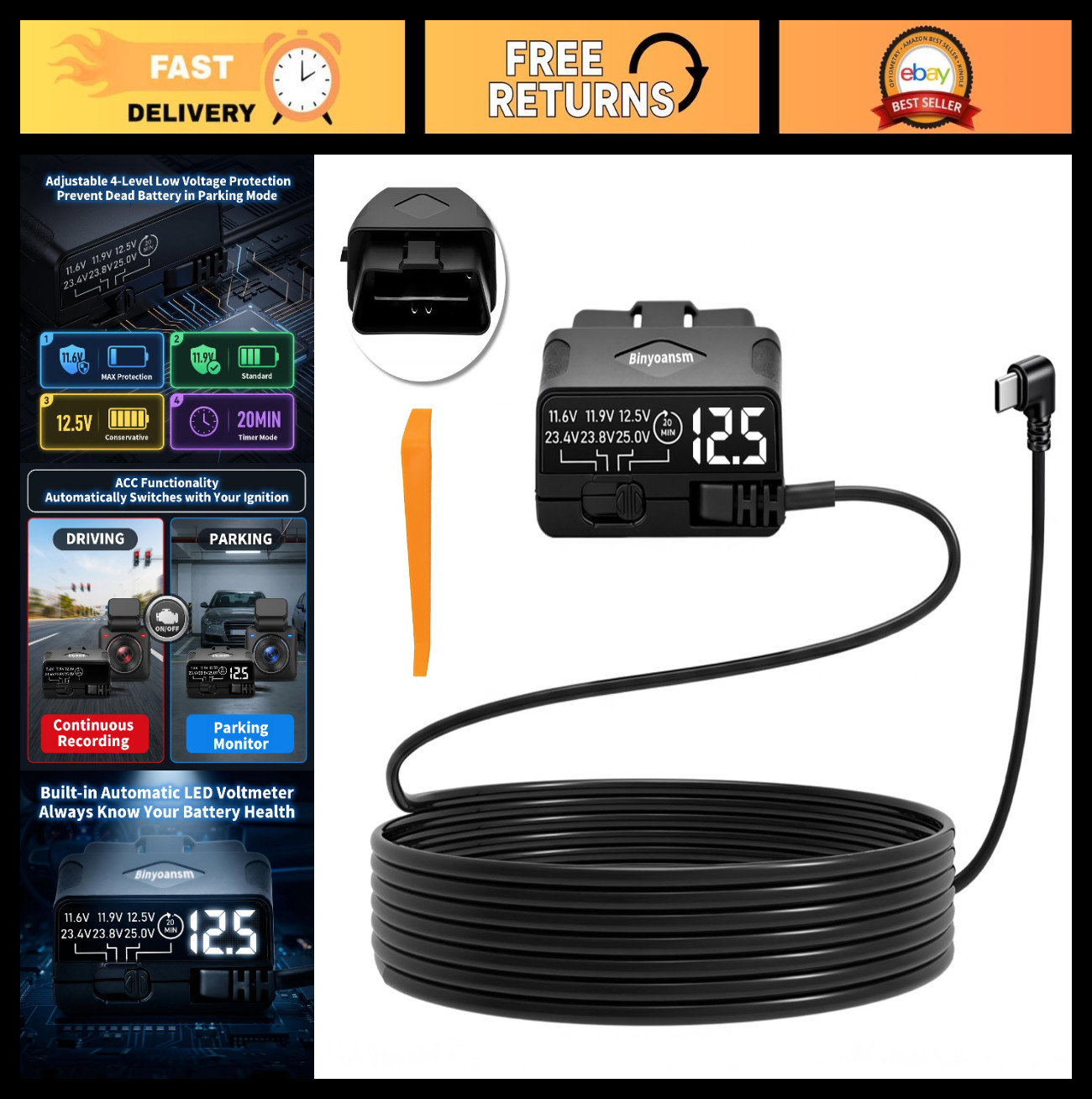 OBD Dash Cam Power Cable USB C, Hardwire Kit with Low Voltage Protection & LED V