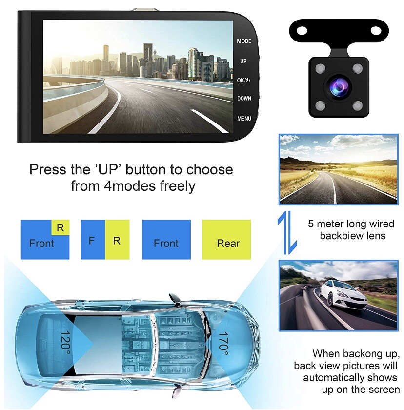Full HD 1080P Dash Cam Front and Rear 290 Degree Super Wide Angle Car Camera