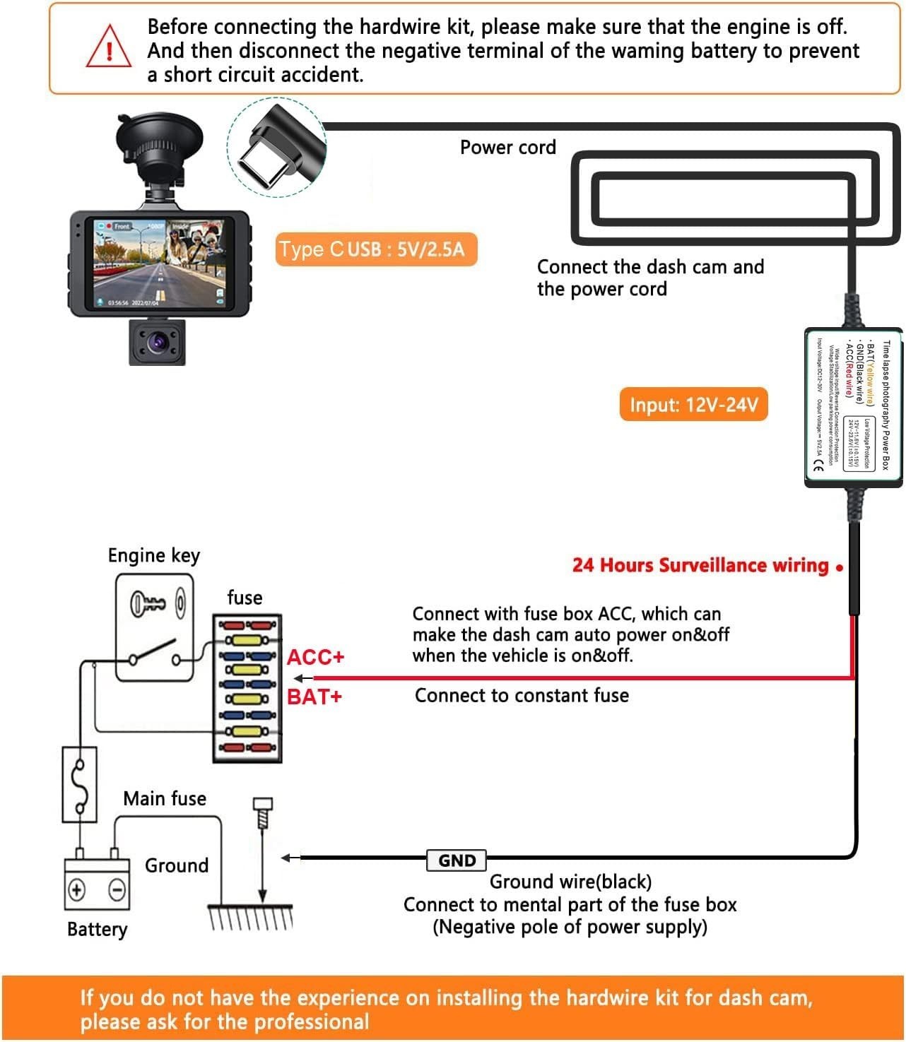Dash Cam Hardwire Kit, Type C USB Hard Wire Kit 12V-24V to 5V Hardwire Kit wi…