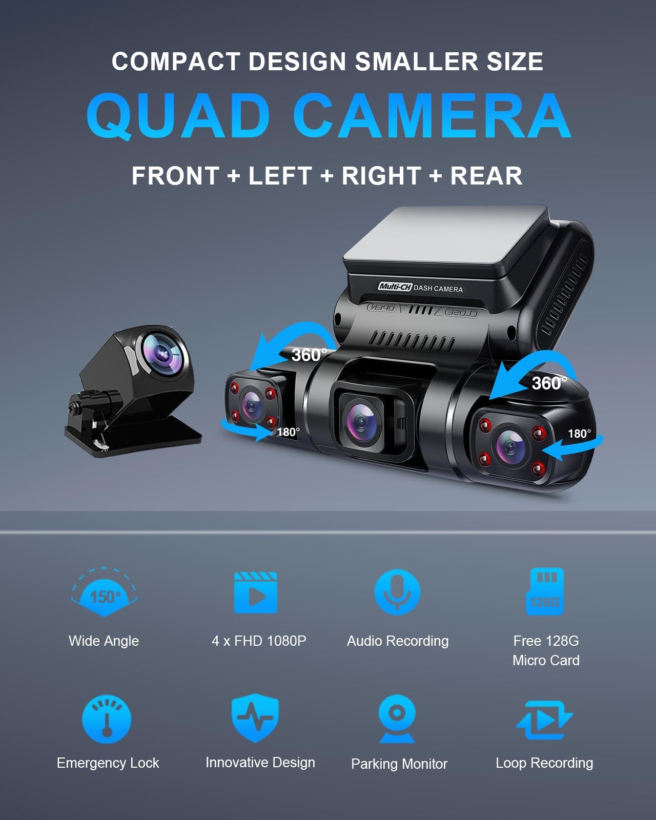 Dash Cam 360° 4 Channel Front and Rear with 128G Card Included GPS WiFi