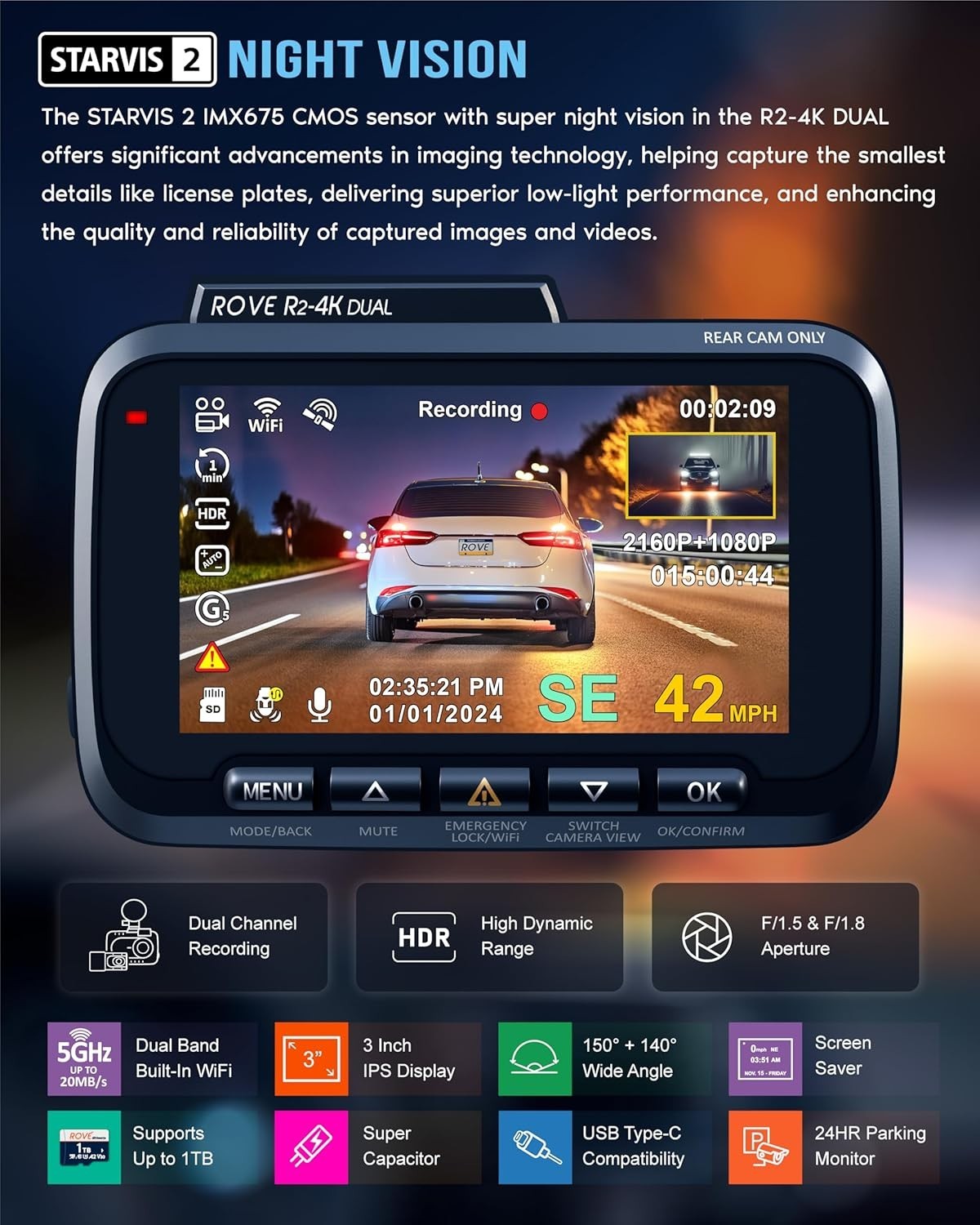 Dual 4K Dash Cam with Sony Starvis 2 Sensor and 128GB Card, 5G WiFi, GPS, Night