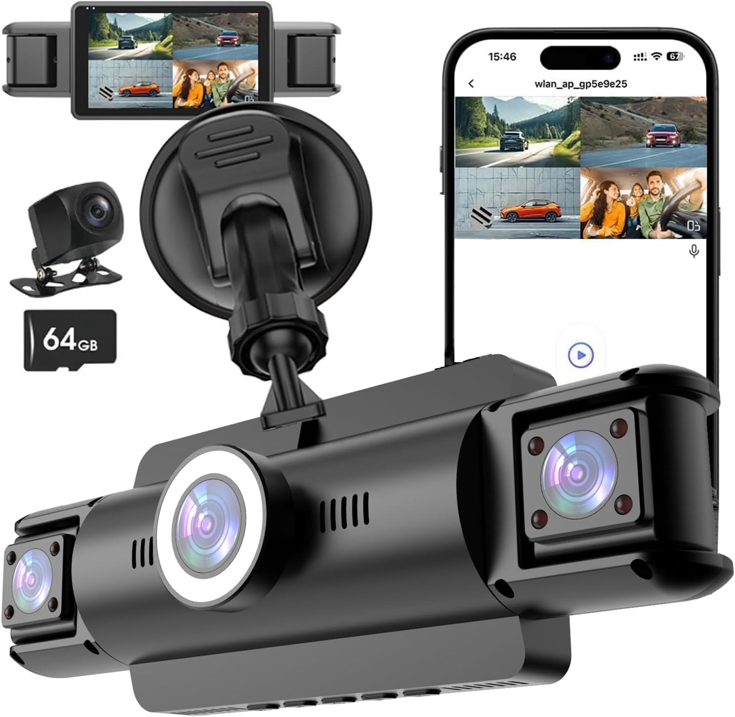 4 Channel 4K Dash Cam Front and Rear Inside, 360° View 1080P Dash Camera for Car