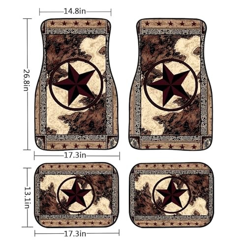 Western Car Floor Mats Set of 4 Vintage Style Stars on Wood Panel Brown Beige