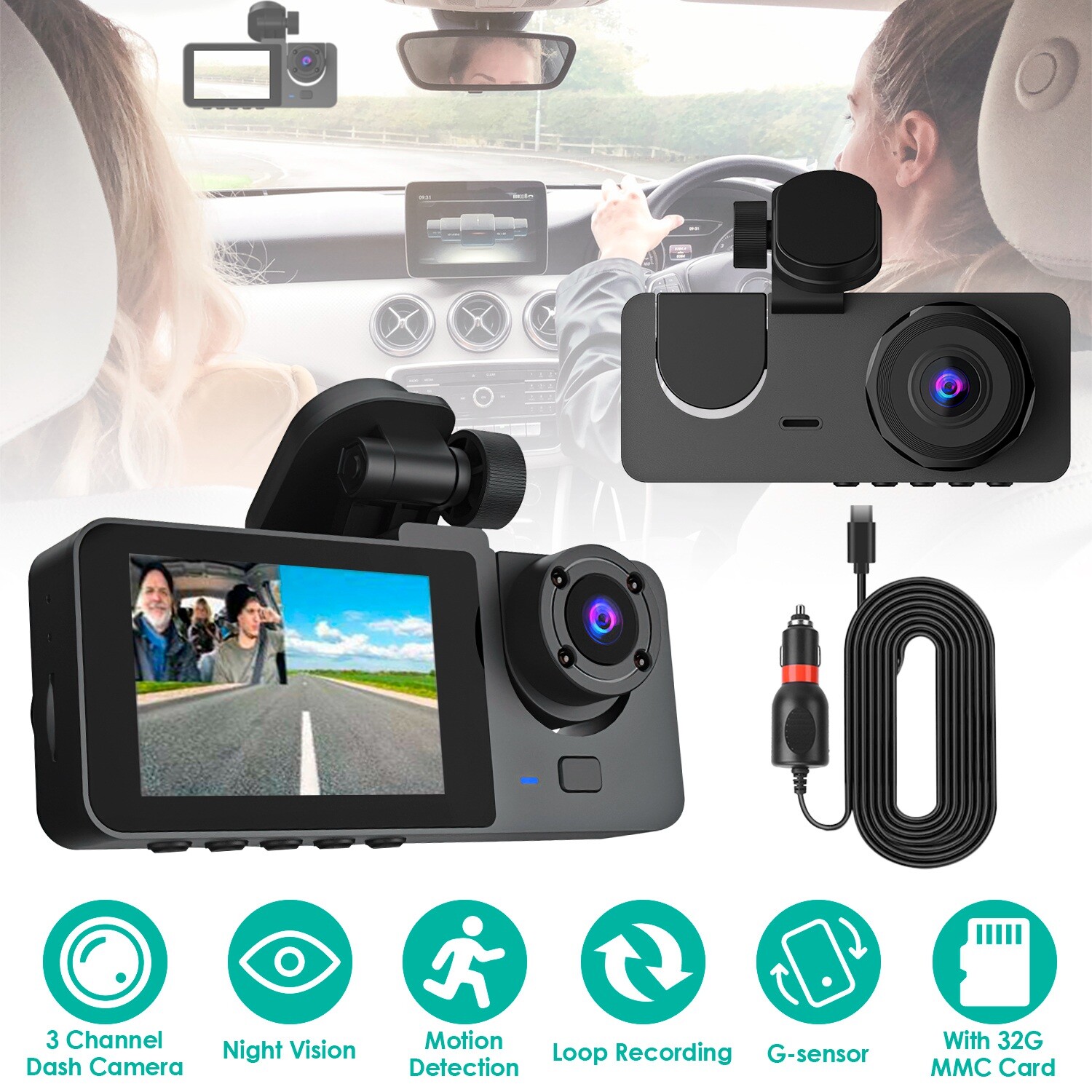 3 Channel 1080P Dash Cam Recorder Car DVR |G Sensor| Night Vision Loop Recording