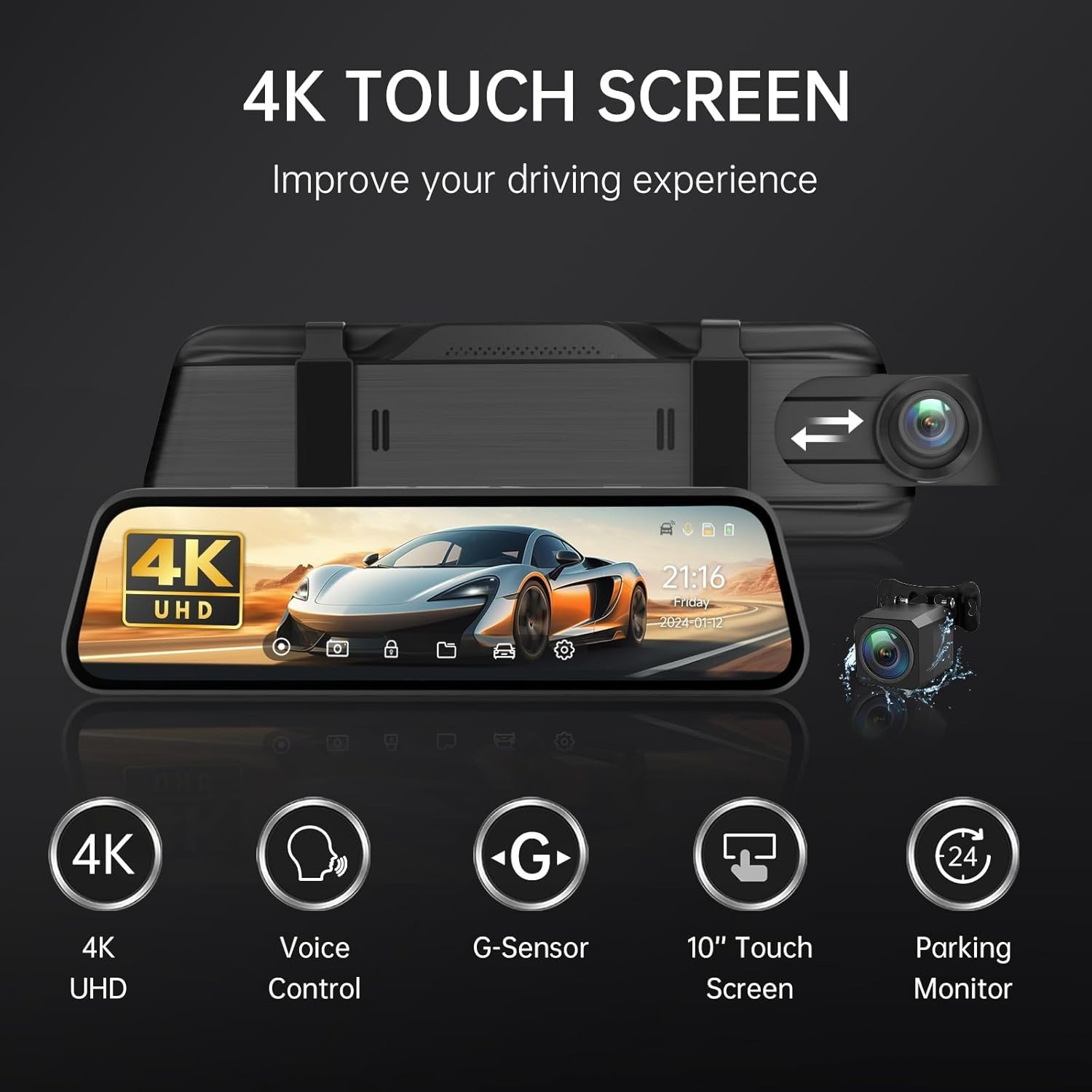 10” 4K Rear View Mirror Camera with 1080P Backup & Voice Control for Safety