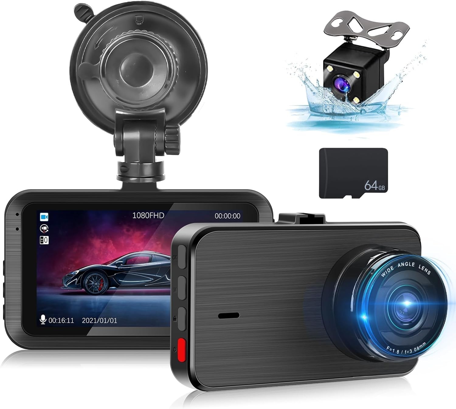 Dash Cam Front and Rear – 3 inch IPS Screen 1080P Full HD DVR Camera…