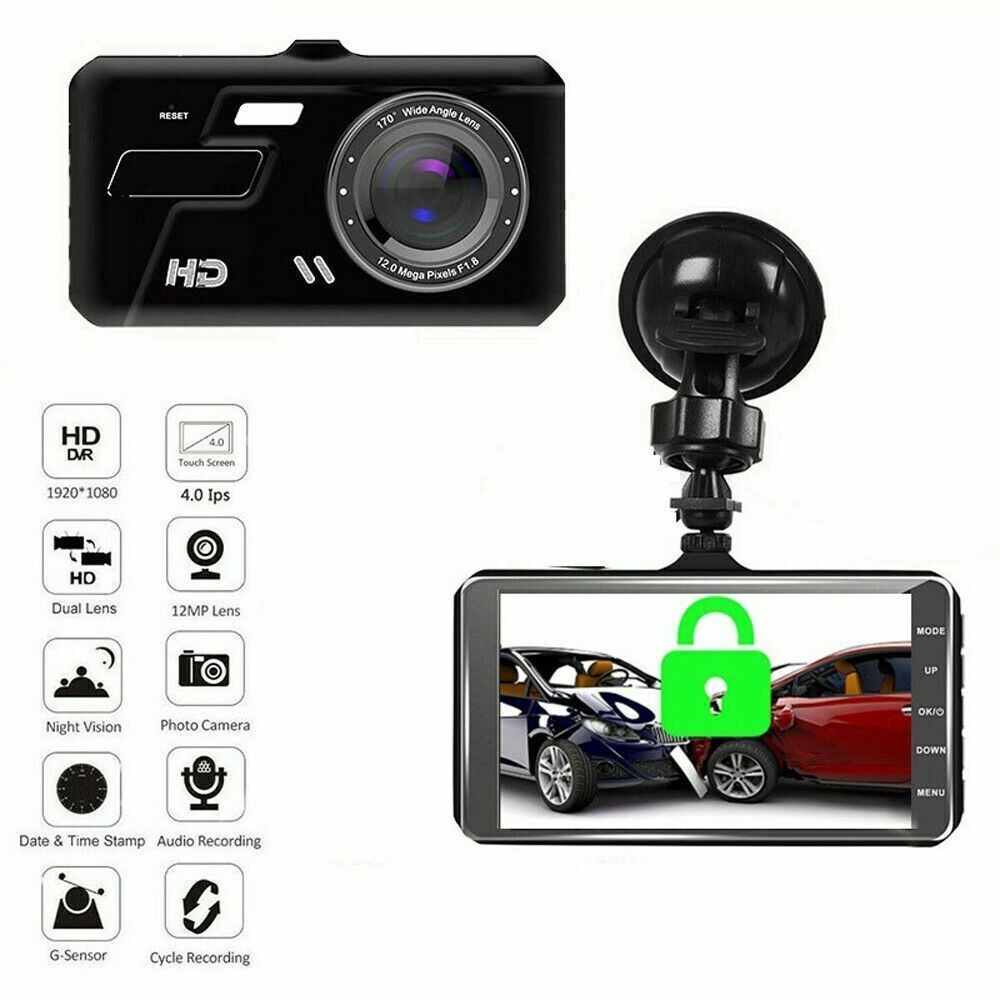 Touch Screen Dash Cam 4″ 1080P Dual Lens Car DVR Recorder Front and Rear Camera