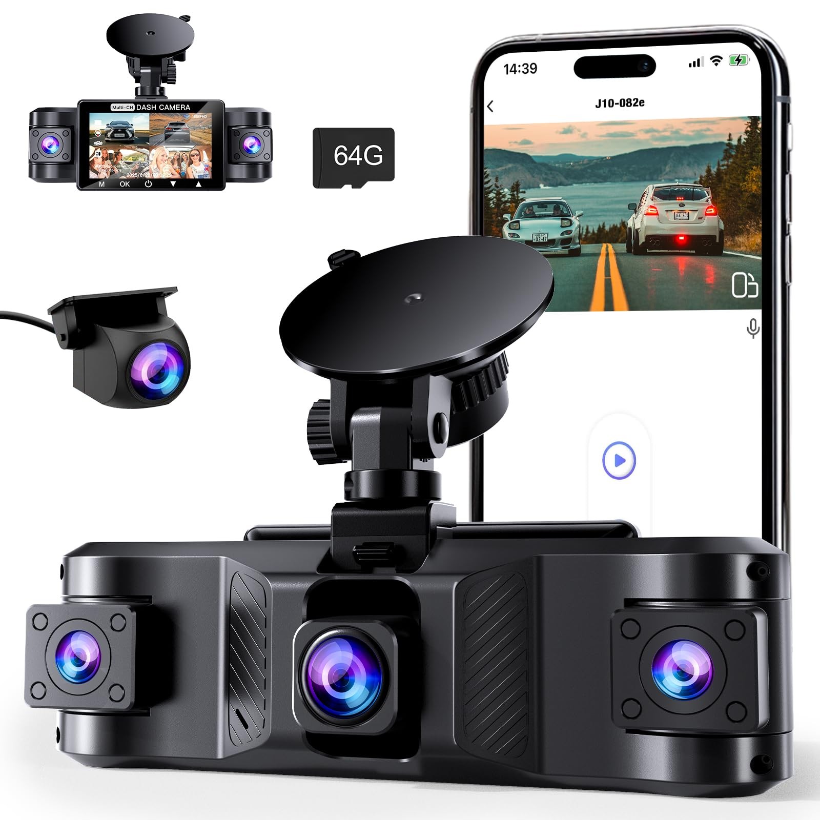 2.5K 4-Channel Dash Cam: Front/Rear/Side, WiFi, G-Sensor, Night Vision, 64GB SD