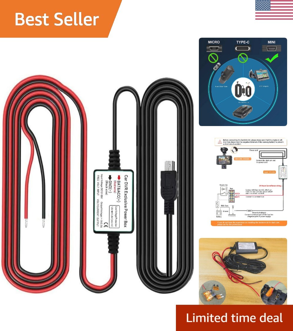 Dash Cam Hardwire Kit, Mini USB Port, DC 12V – 24V to 5V/2.5A Max Car Charger…