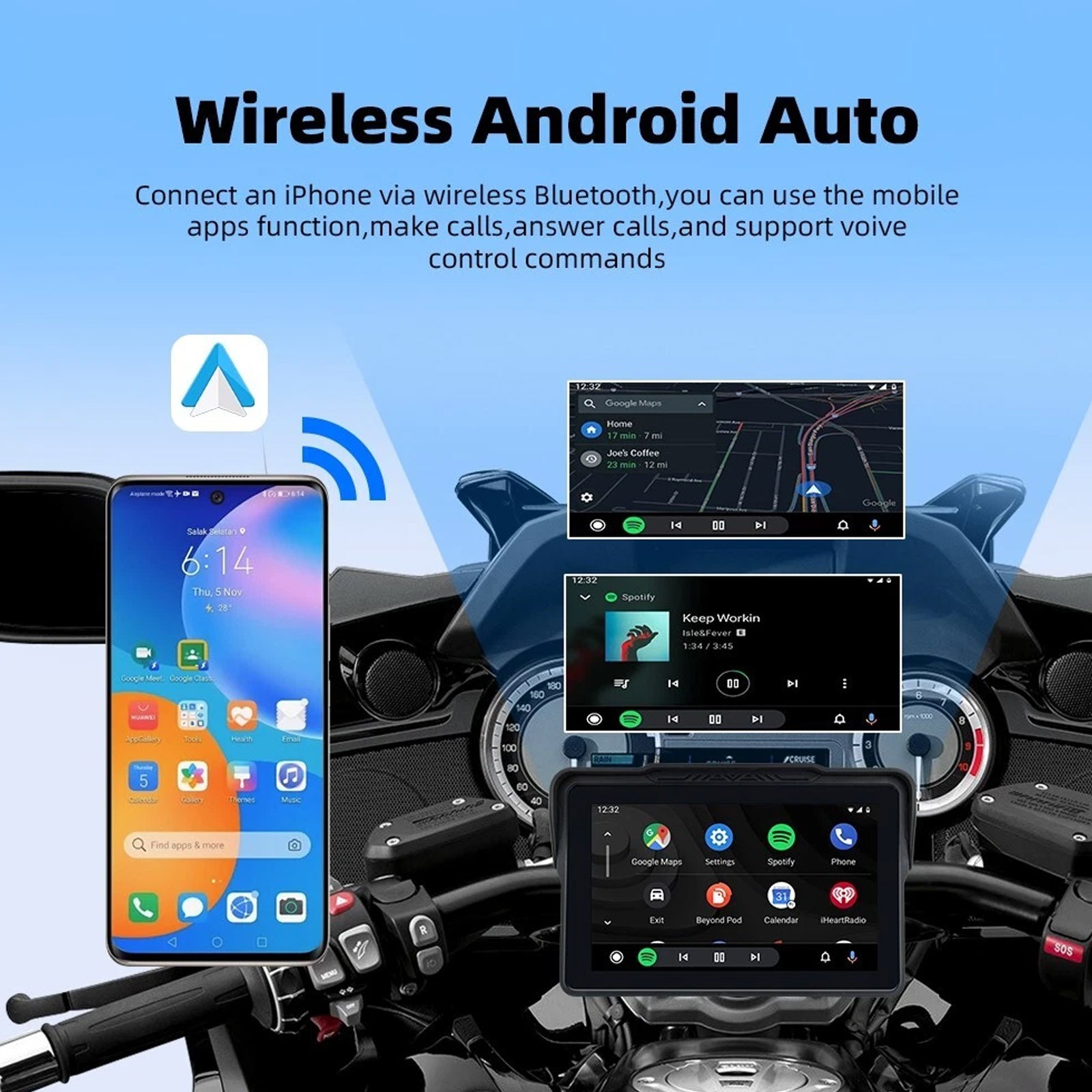 7 inch Motorcycle Android Auto Wireless IPS Touch Screen Carplay + Camera +TPMS