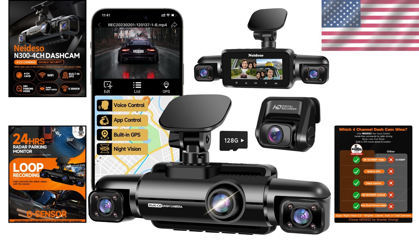 360° Dash Cam Front & Rear, 4 Channel Car Camera