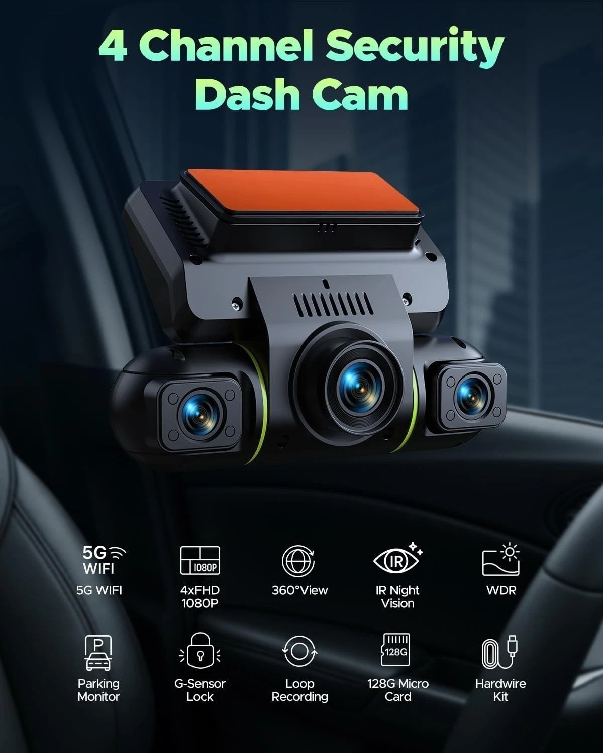 LAMTTO 360°4 Channel Dash Cam Front Rear Inside 5G WiFi Dash Camera Night Vision