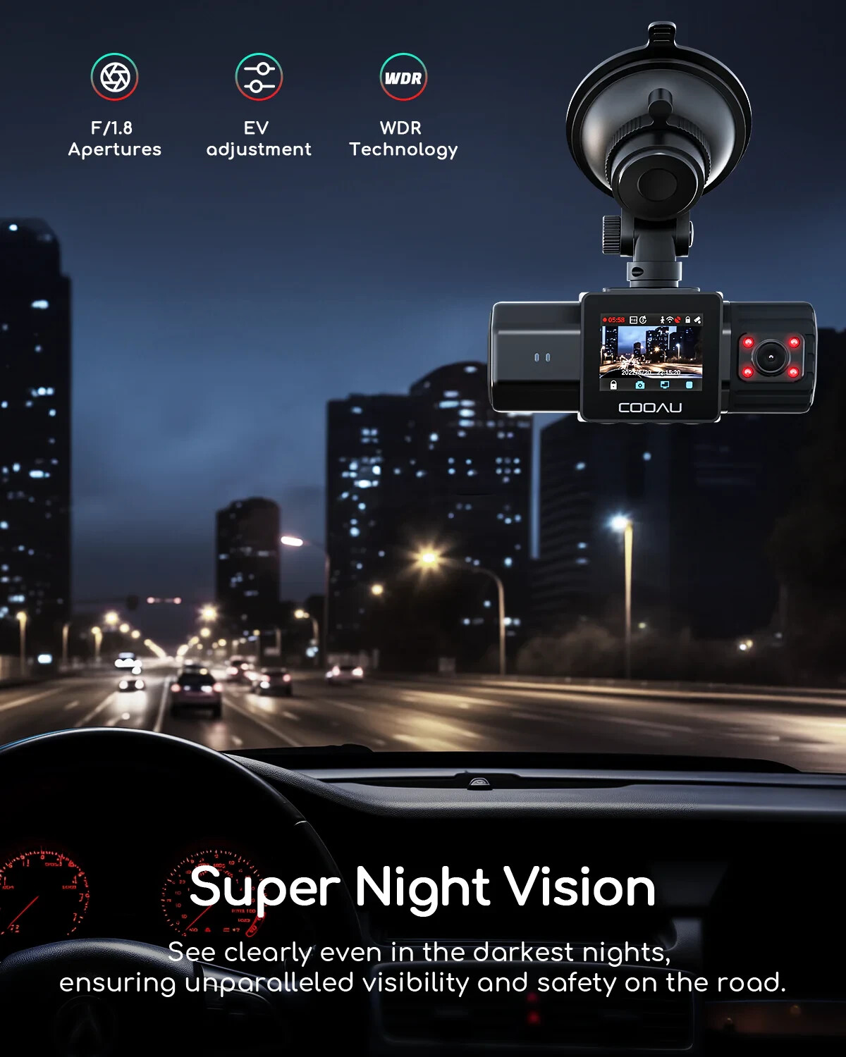 COOAU D20 Dual Dash Cam /2.5K+ 1080P/GPS/WiFi Ideal for UBER, Taxi Drivers