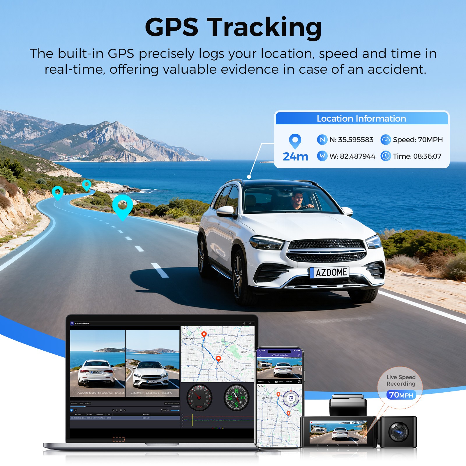 AZDOME 2CH 3.19″ IPS 4K+2.5K Dash Cam 5GWiFi GPS Parking Mode Voice Control ADAS