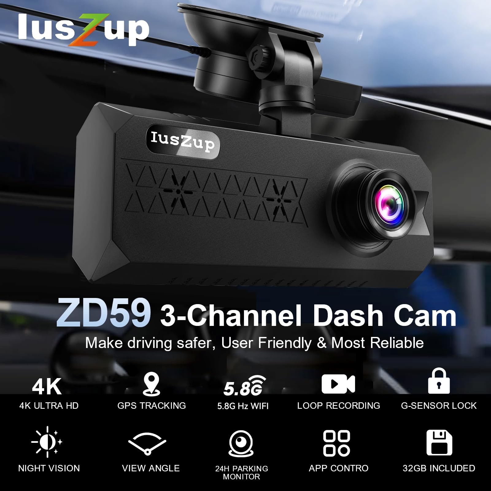 4K 3 Channel Dash Cam Front and Rear – Dash Camera for Cars – 5.8GHz WiFi GPS…
