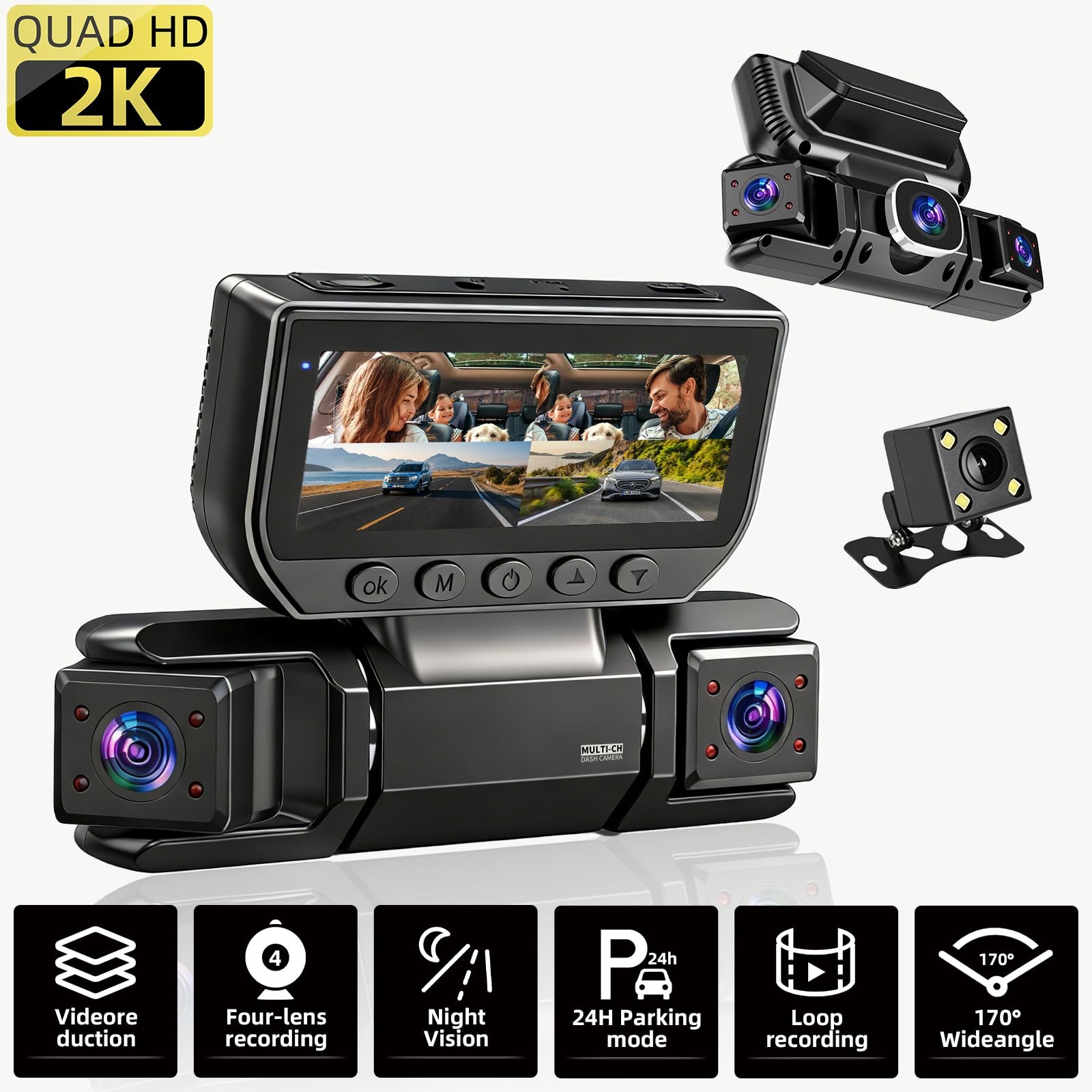 YUINWEN W6 4 Channel Dash Cam 360° Recording Dash Cam for Cars 2K Front + 108…