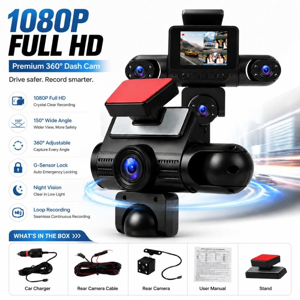 4-Kanal Dashcam 360° 1080P HD Auto Kamera Vorne Hinten Links Innen Rechts NEU