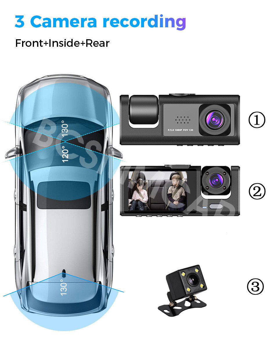 Car 3 Lens Dash Cam 1080P 170° Wide Angle Video Recorder G-sensor Camera