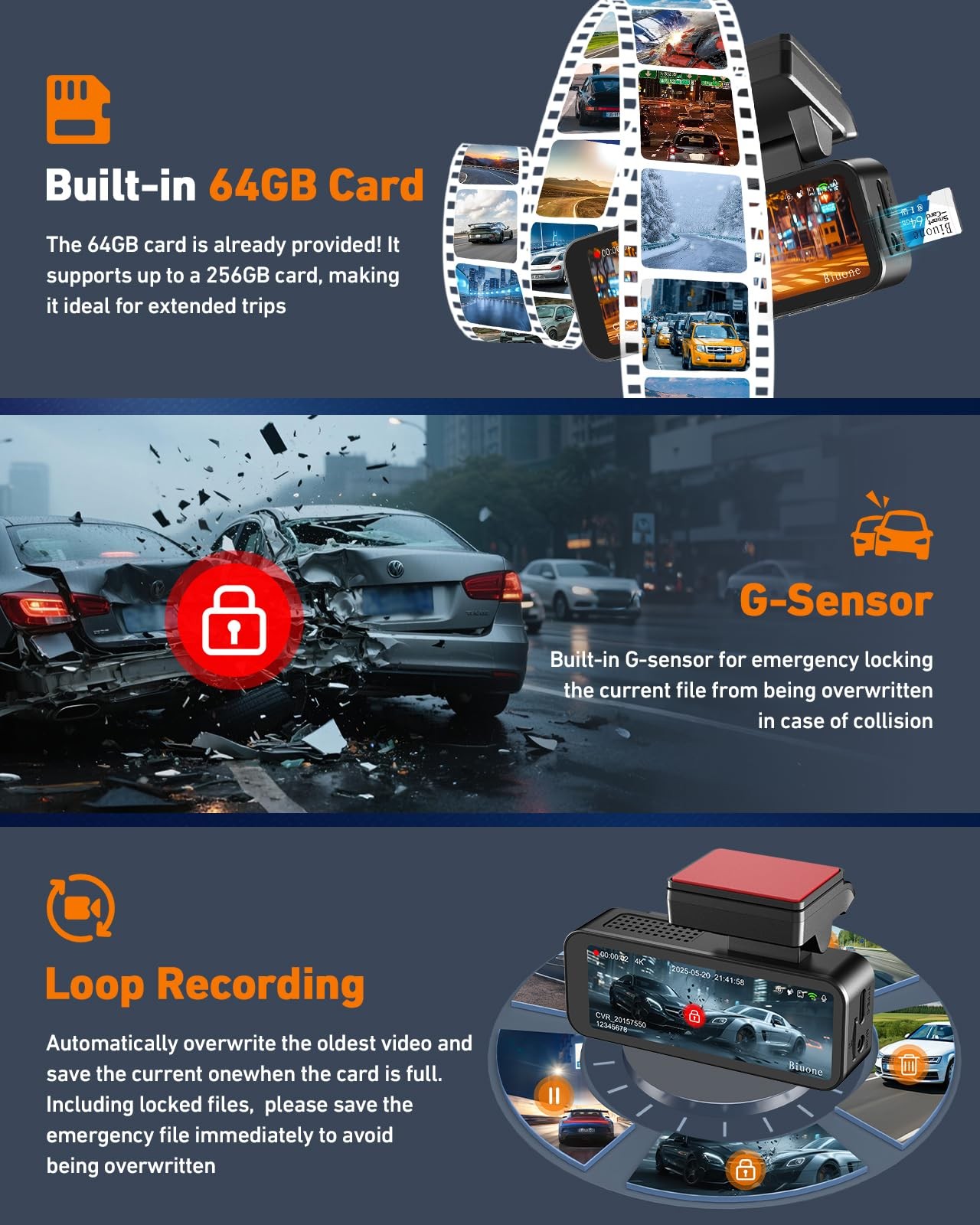 4K Front and Rear Dash Cam, 5G WiFi APP GPS, 64GB Card, WDR Night Vision