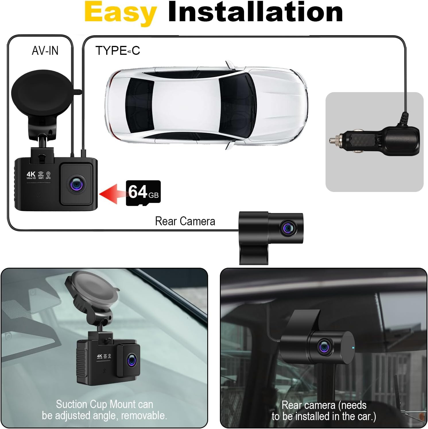 Dash Cam Front Rear 4K+2.5K Dual Channe 5Ghz Wifi GPS 64GB Card 2.0″ IPS Screen