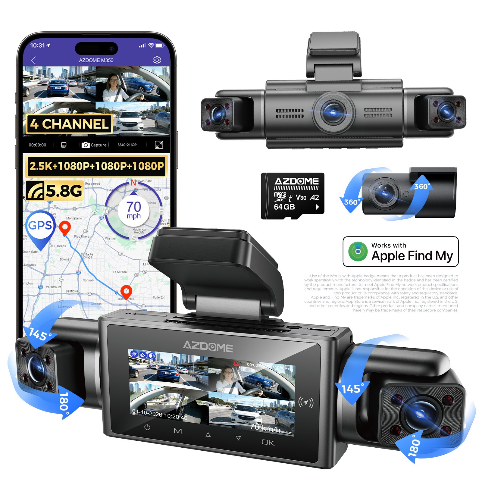 AZDOME 3″4CH 360° Dashcam 5GWiFi GPS 2.5K+1080P*3 Cameras Parking Mode 64GB Card